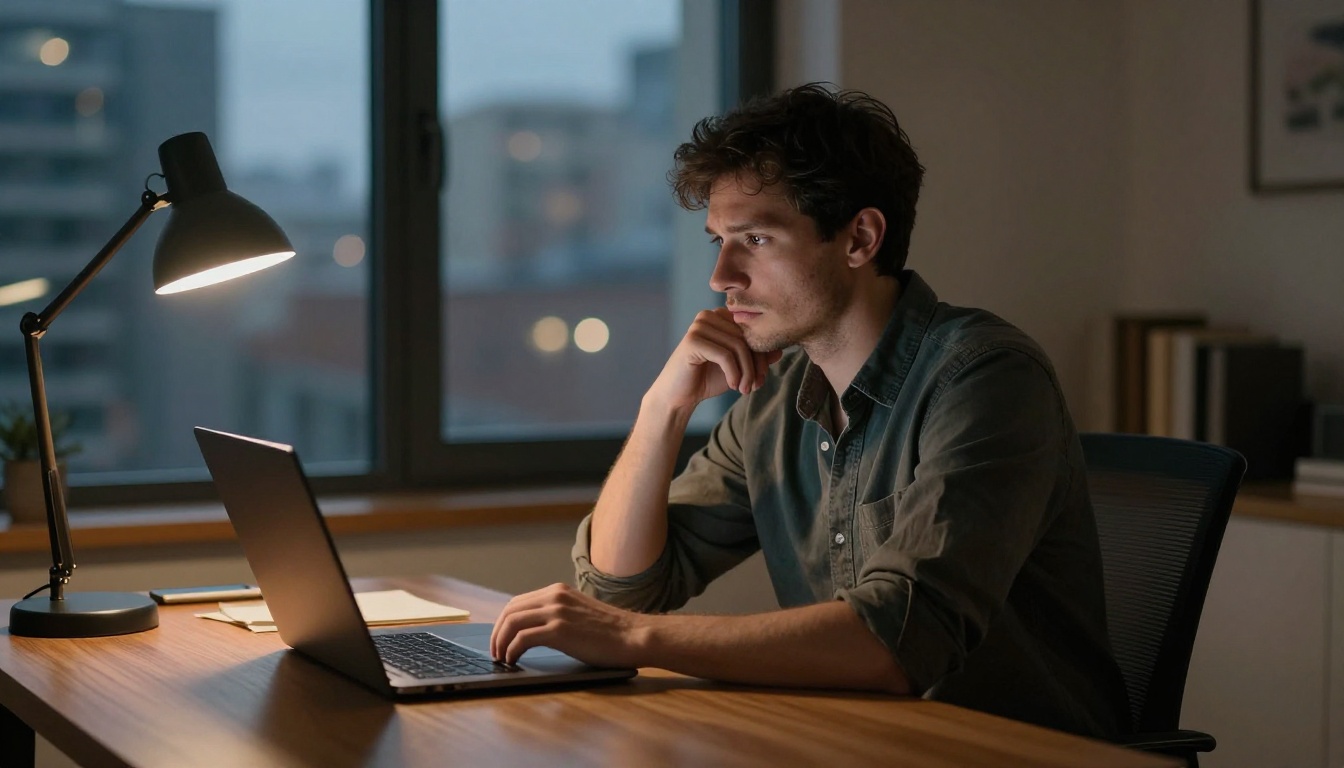 Man thoughtfully looking at a laptop screen in a moody home office
