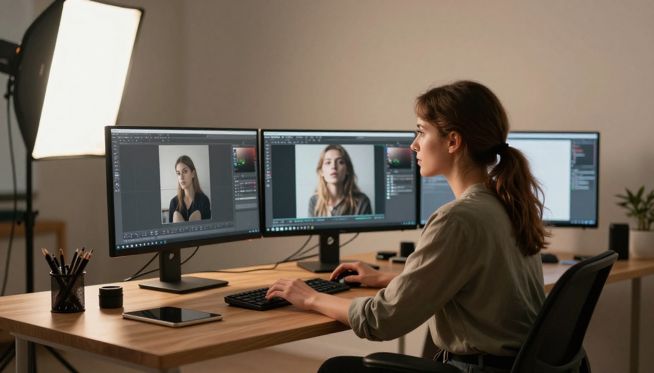 Digital artist at a professional workstation with dual monitors showing image generation