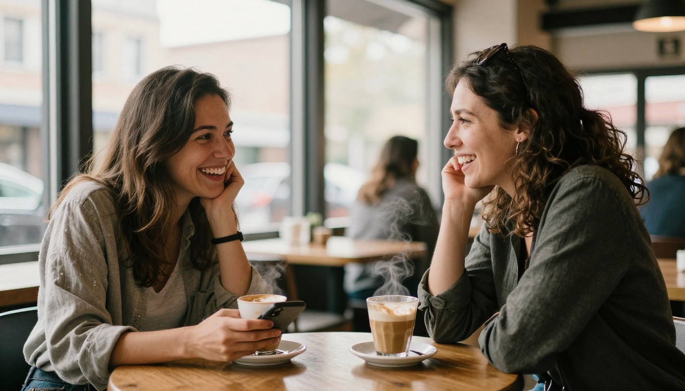 Two women at a cafe discussing something on a smartphone, laughing