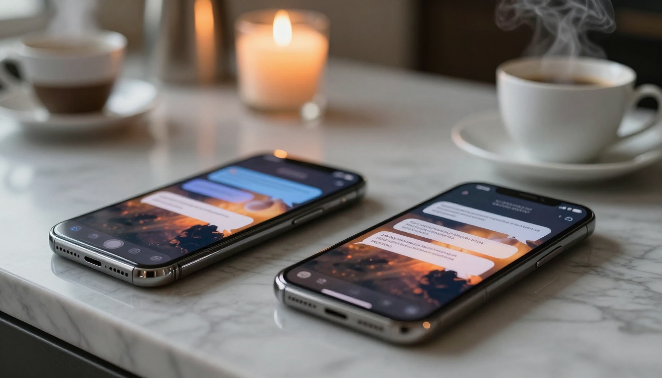 Two smartphones side by side showing AI chat messages in warm candlelight