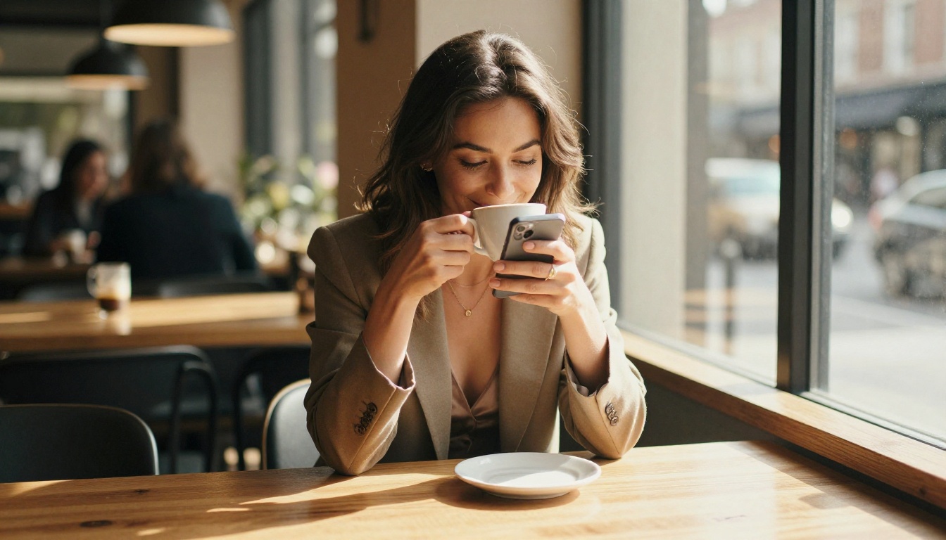 Woman in cafe smiling at phone with warm afternoon sunlight through window