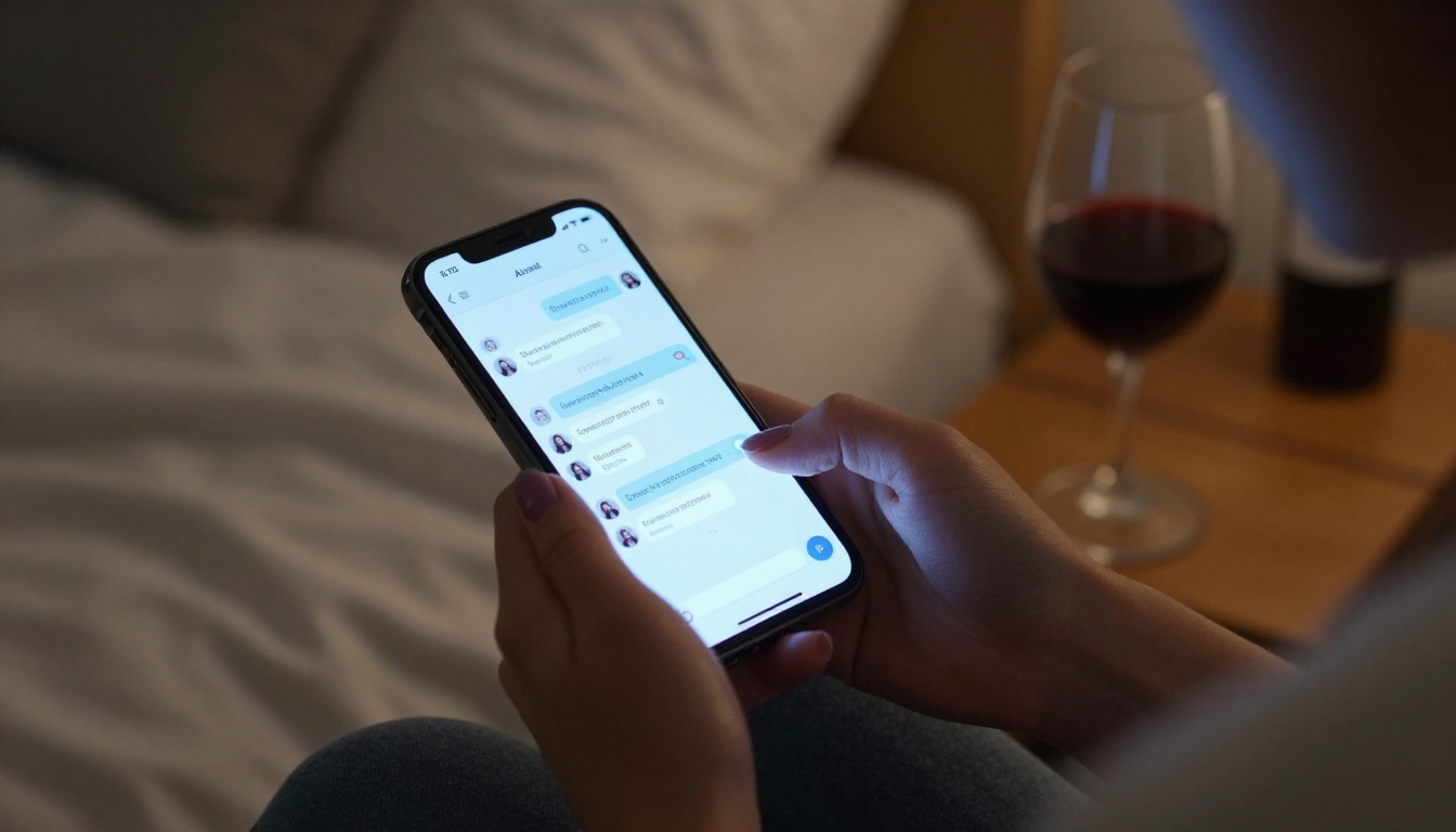 Close-up of woman's hand holding smartphone with romantic AI chat glow in dim bedroom