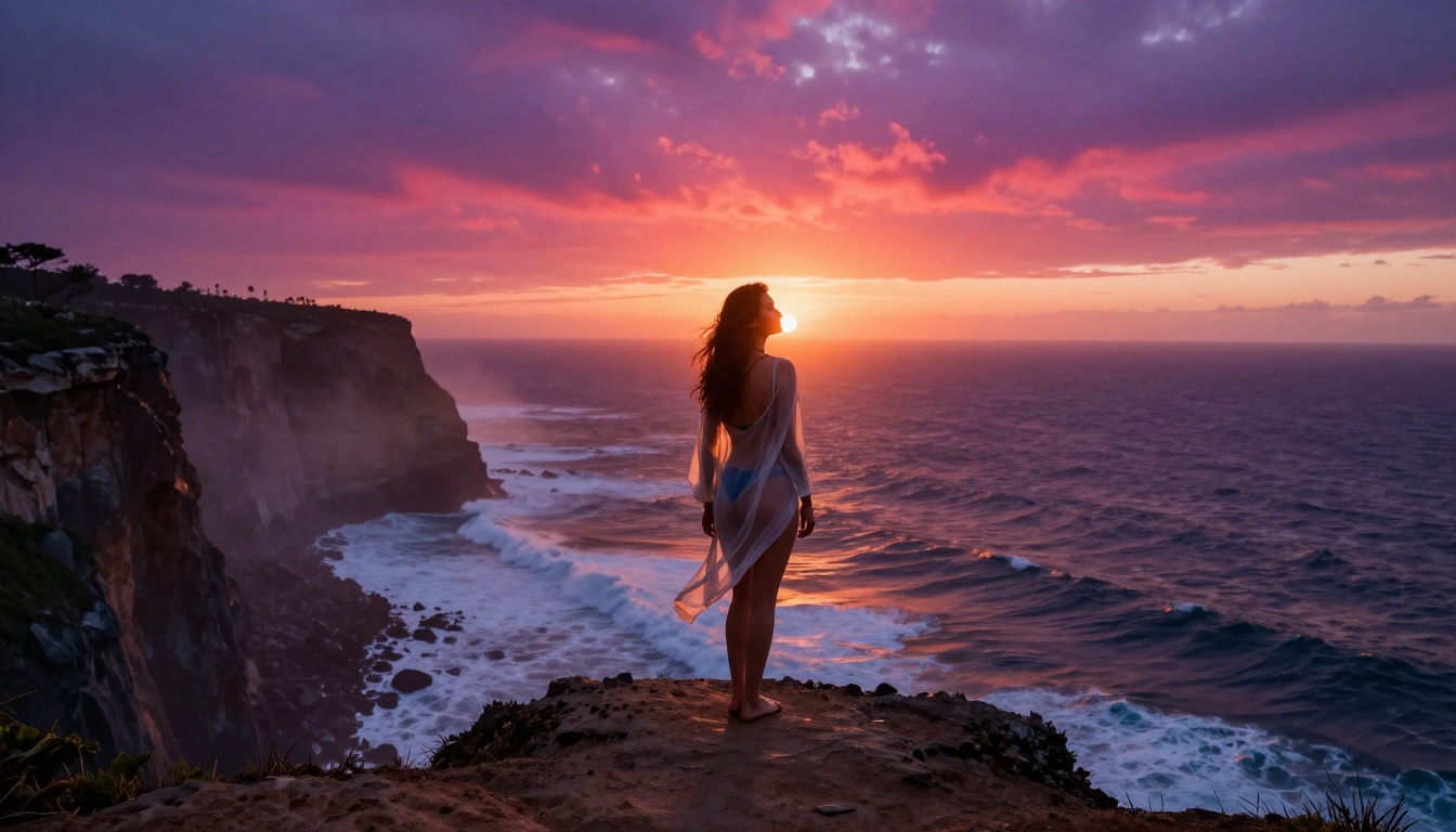 Low-angle cliffside shot of a woman against sunset sky, ocean waves, dramatic volumetric light, photorealistic Low-angle cliffside shot of a woman against sunset sky, ocean waves, dramatic volumetric light, photorealistic