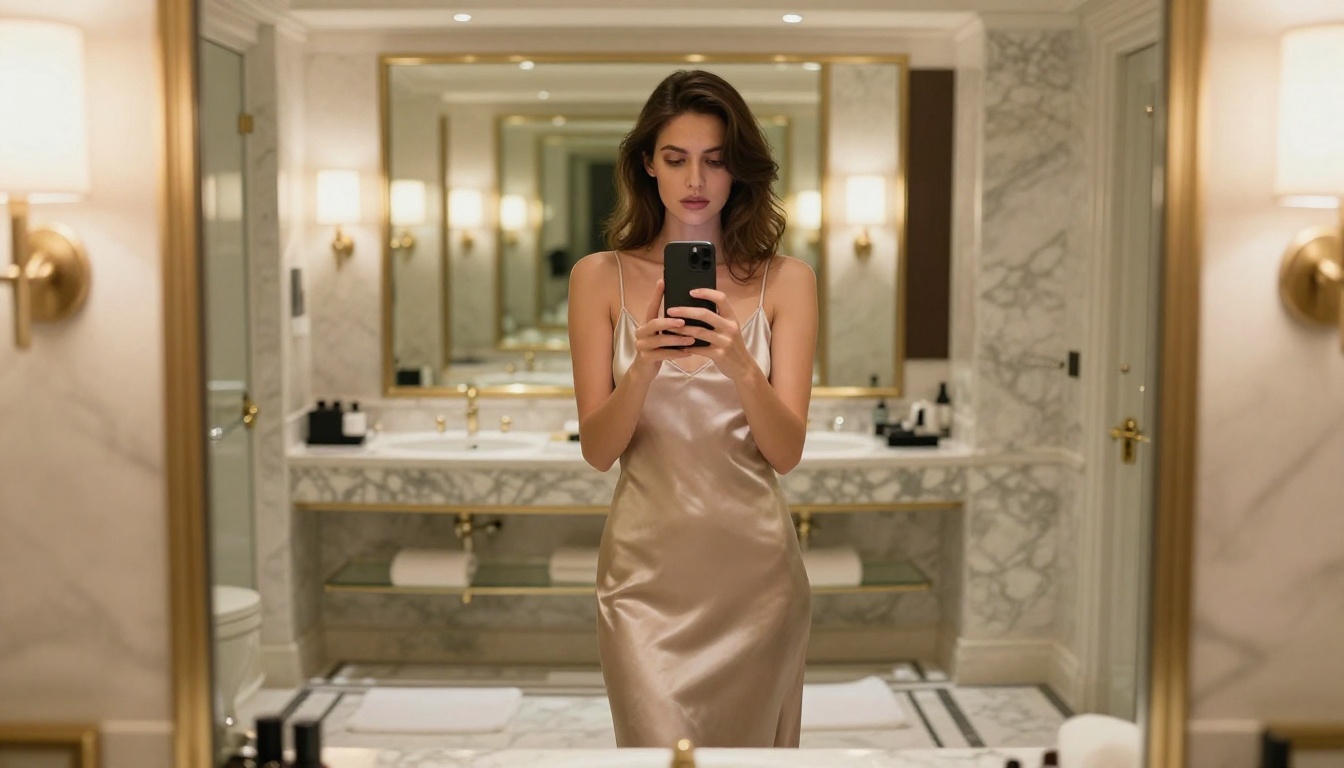 Glamorous woman in silk slip dress taking mirror selfie in luxury hotel suite