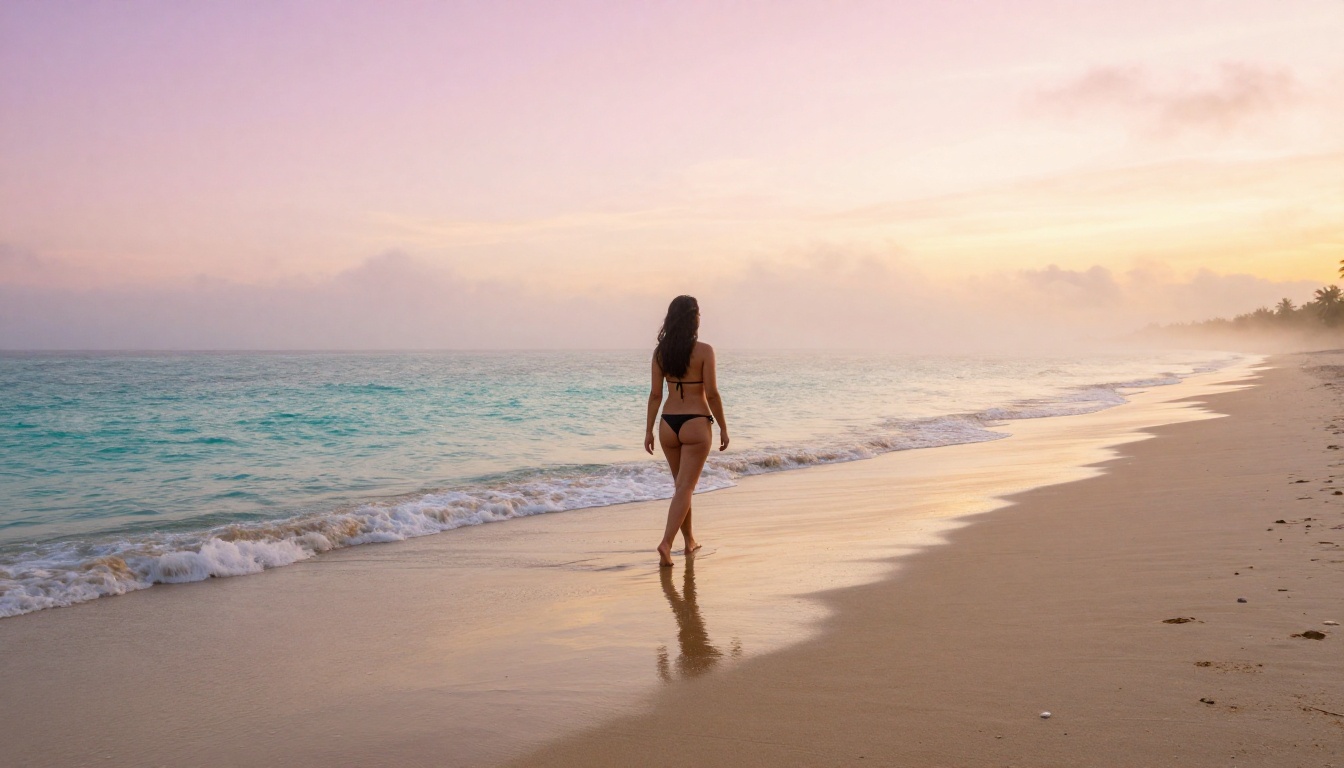 Woman in minimal bikini walking along sunrise beach, wet sand reflections, golden hour, photorealistic wide shot Woman in minimal bikini walking along sunrise beach, wet sand reflections, golden hour, photorealistic wide shot