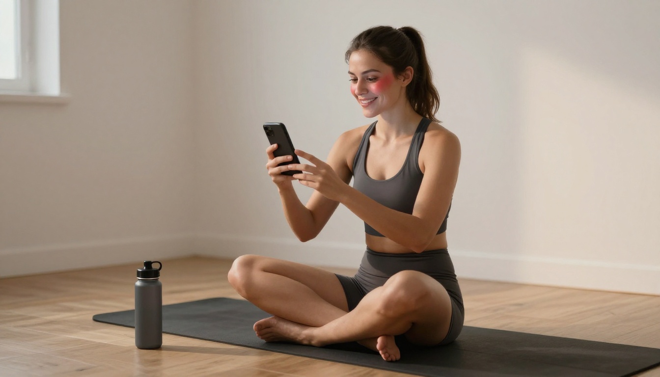 Woman on yoga mat smiling at phone screen during late-night app session in minimalist apartment