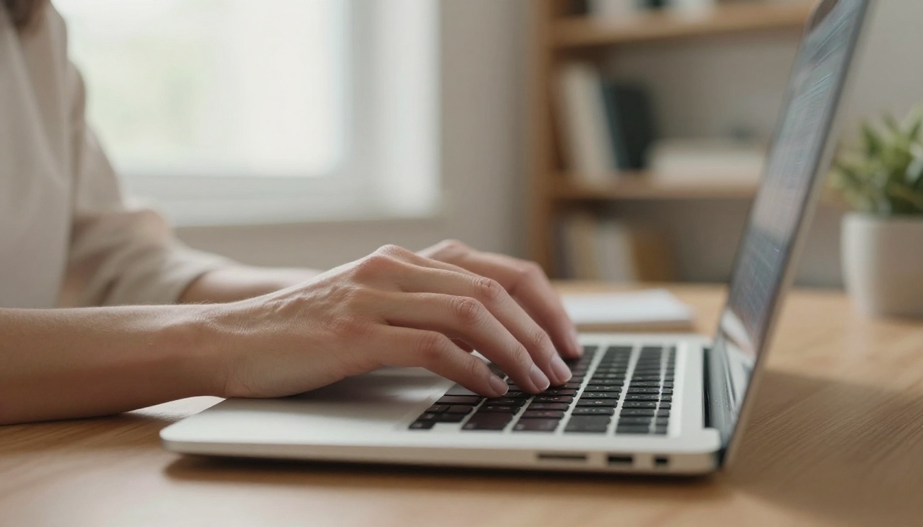 Intimate close-up of woman's hand on laptop keyboard, soft natural daylight, macro texture detail, photorealistic Intimate close-up of woman's hand on laptop keyboard, soft natural daylight, macro texture detail, photorealistic
