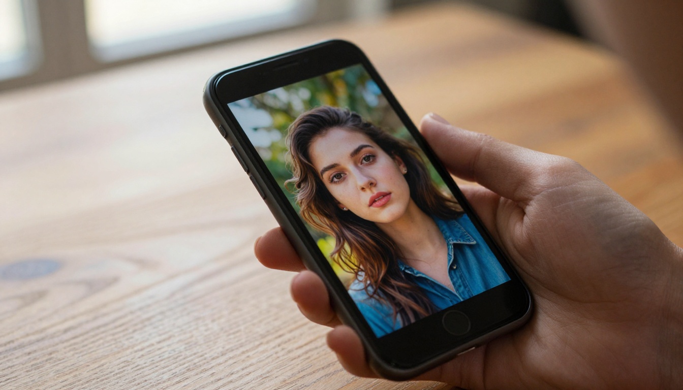 Close-up of smartphone displaying AI-generated portrait, woman's hand, warm wood table, morning light, photorealistic Close-up of smartphone displaying AI-generated portrait, woman's hand, warm wood table, morning light, photorealistic