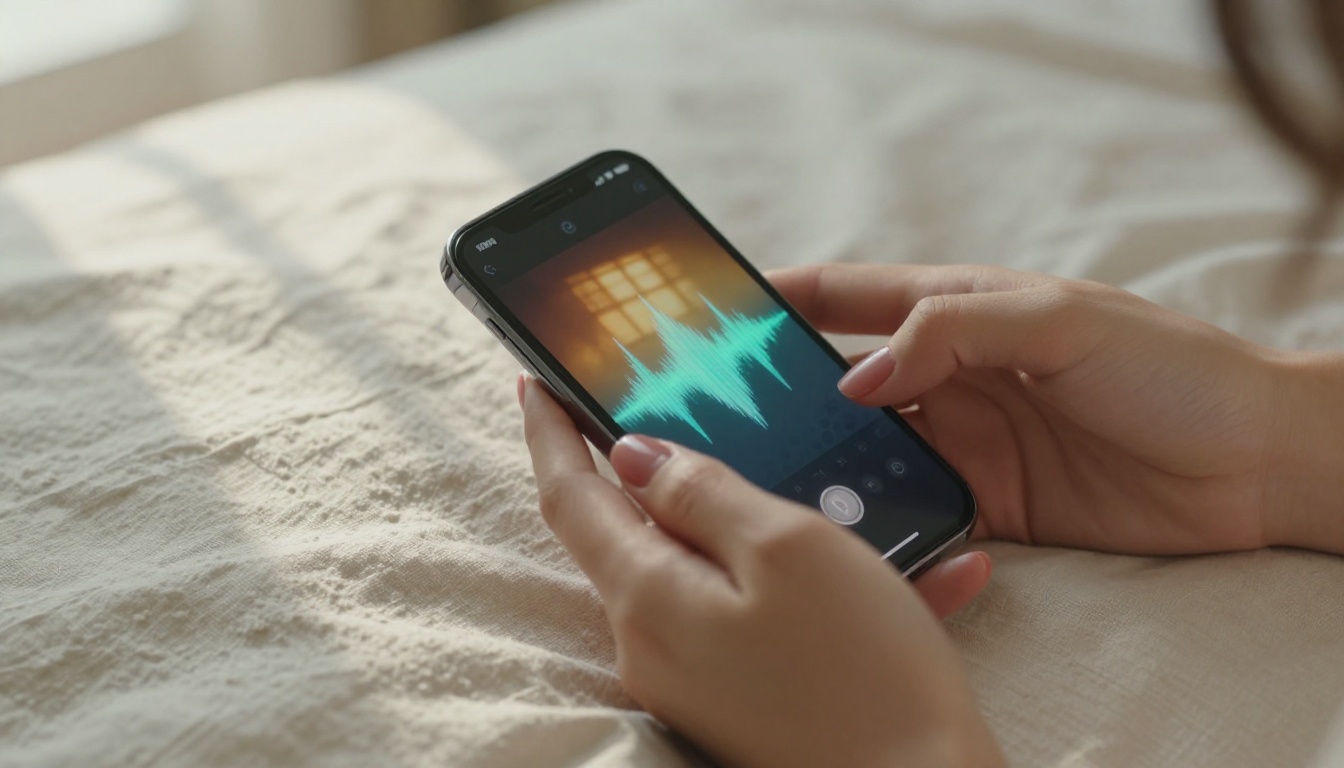 Close-up of hands holding smartphone with audio waveform on screen