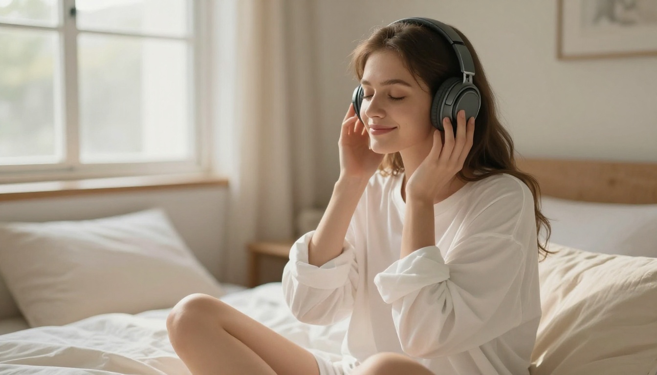 Woman in oversized white shirt with headphones, listening with closed eyes