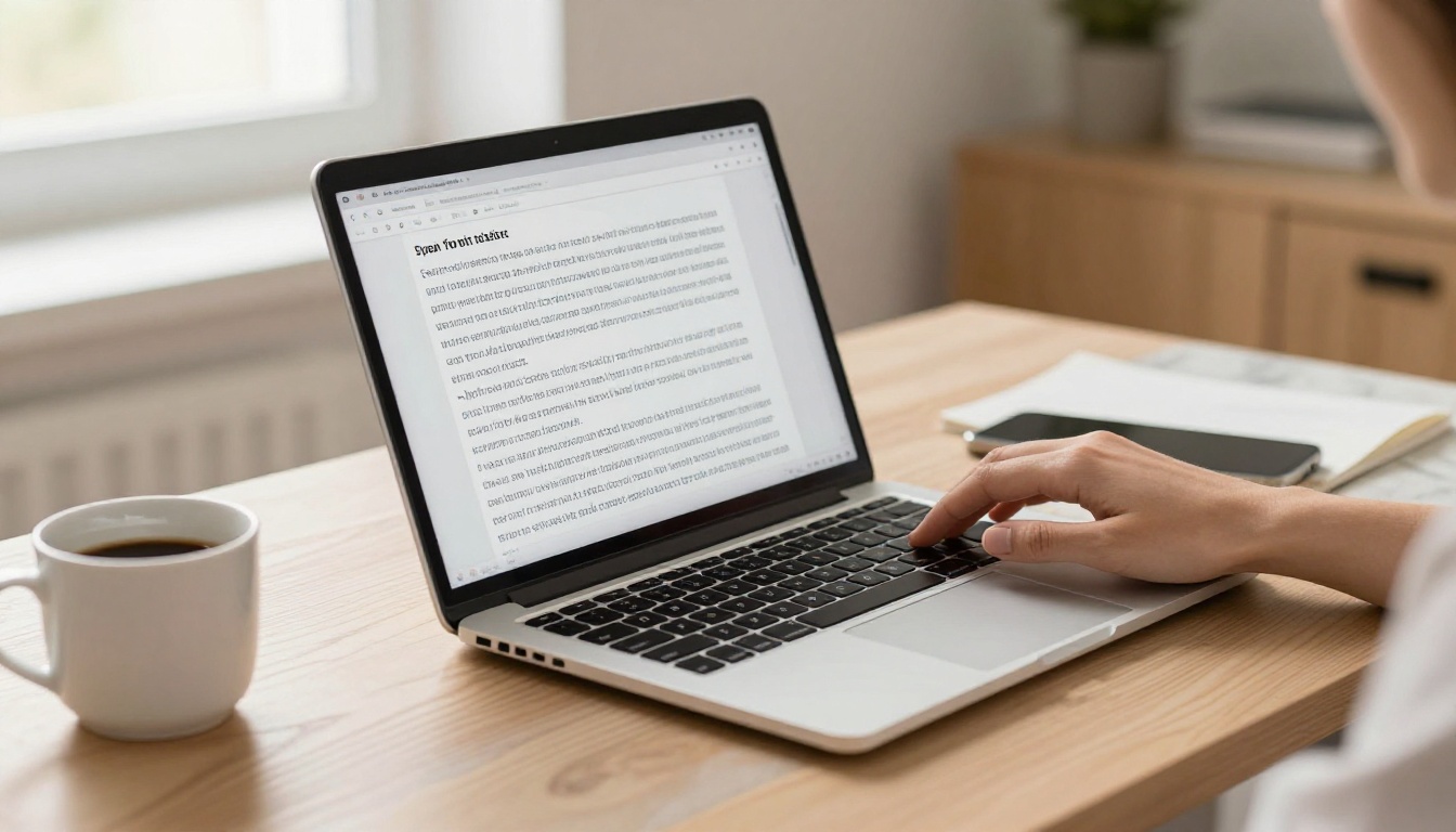 Open laptop showing speech-to-text transcription interface on white marble desk