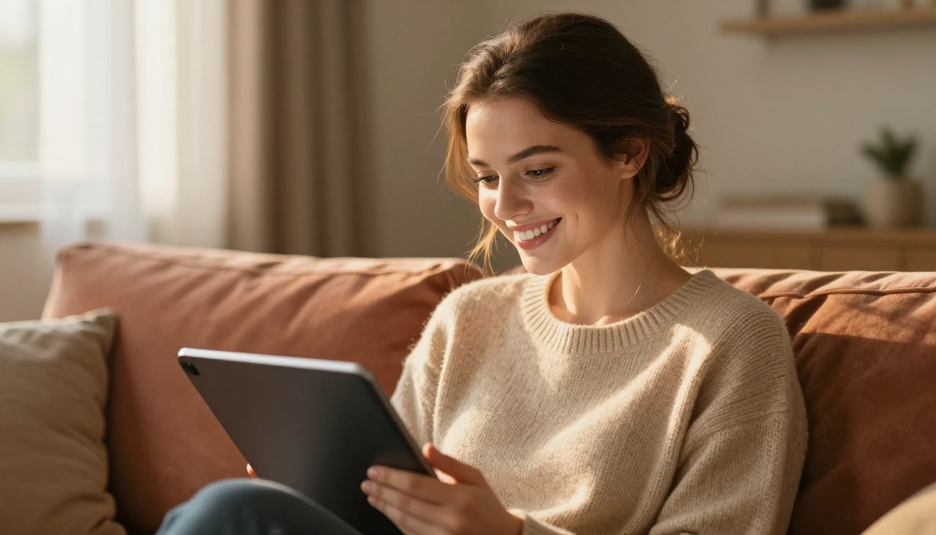 Beautiful woman with satisfied smile reading tablet in cozy living room