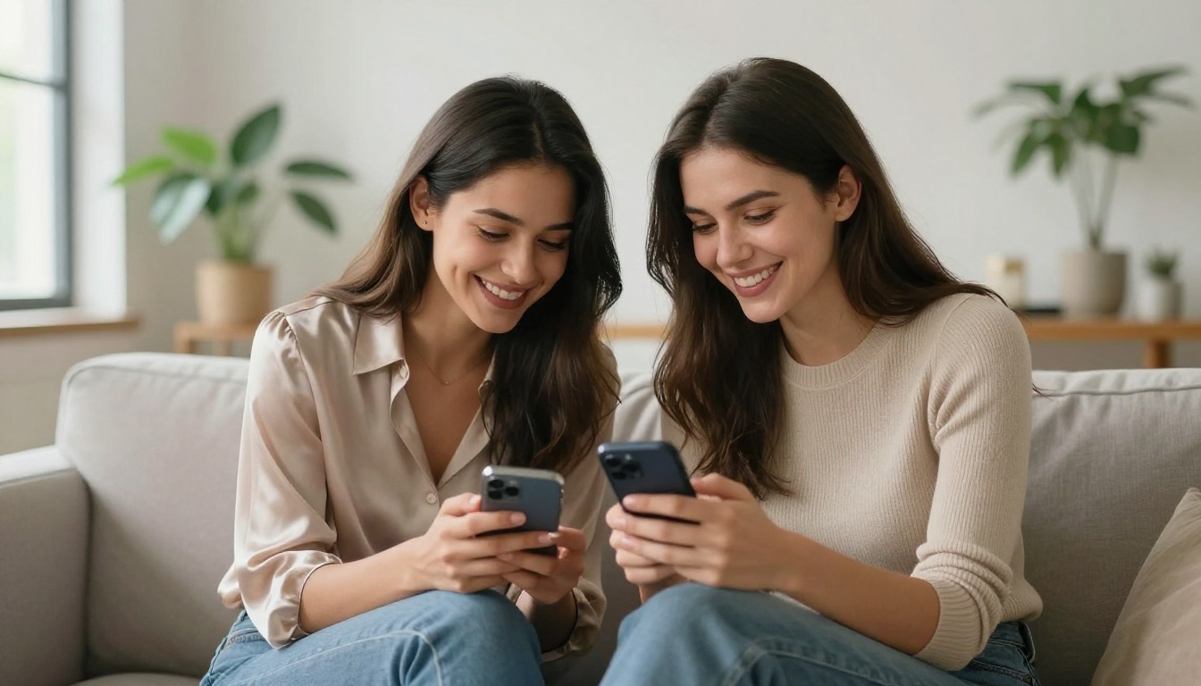 Two young women on a sofa, one holding a smartphone between them, laughing