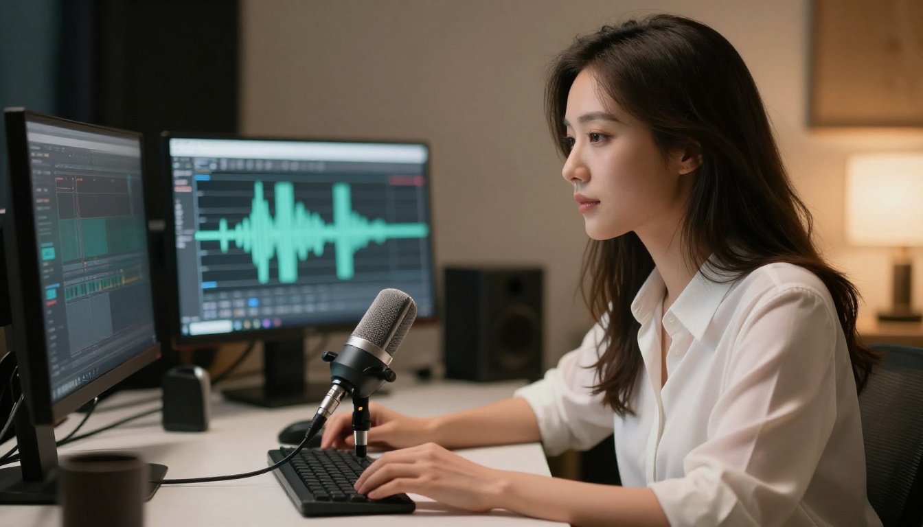 Young woman speaking softly into a desktop microphone at a home studio desk