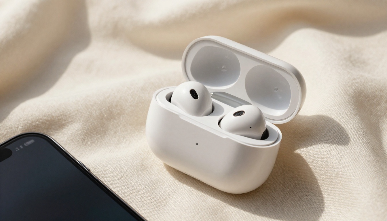 Premium wireless earbuds in charging case on cream linen surface with morning light