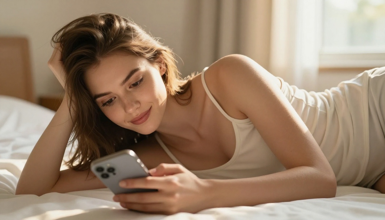 Young woman lying on white cotton bed sheets, reading phone with amused expression