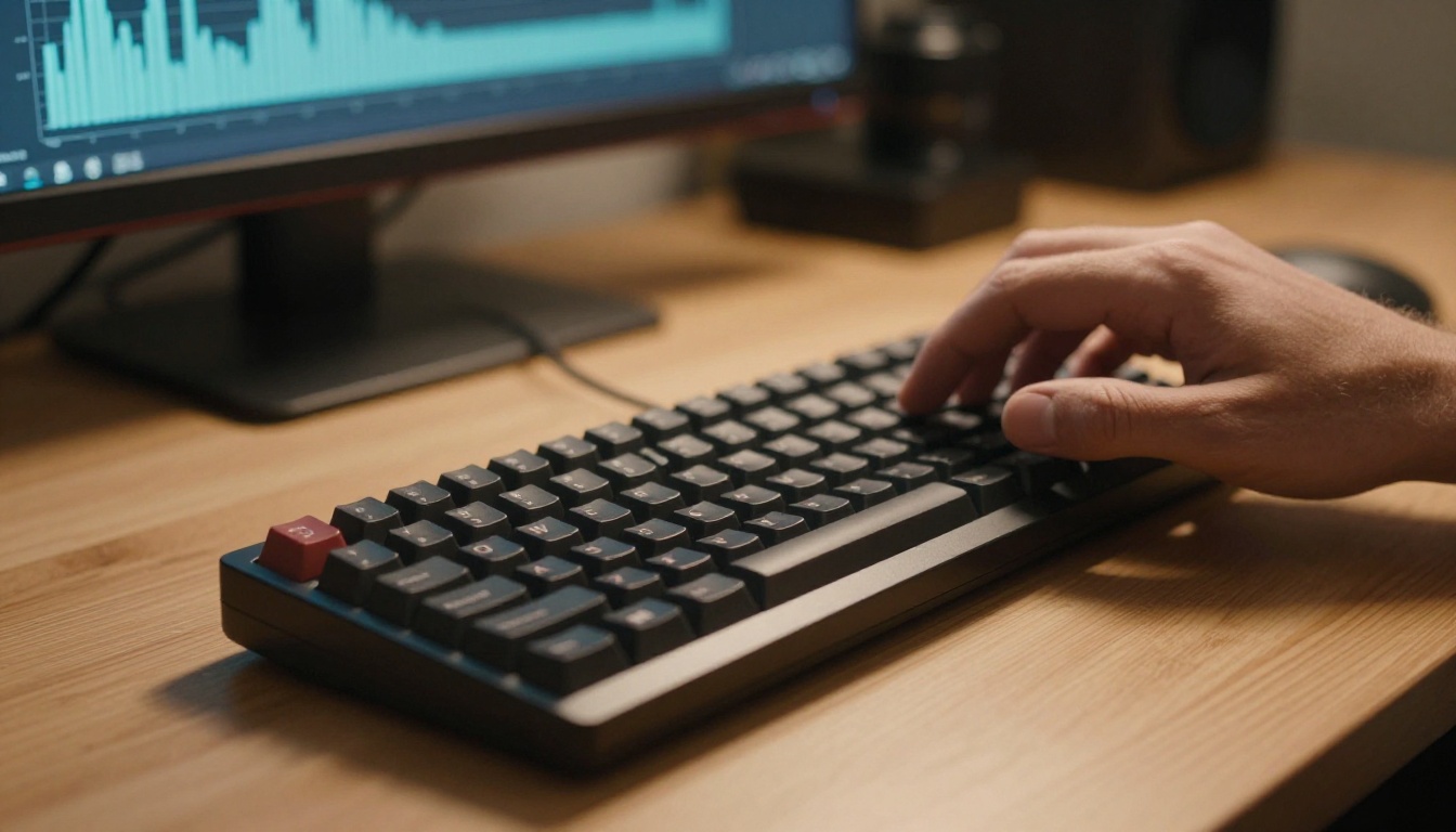 A person with headphones on at a professional home studio desk with a condenser microphone and laptop showing audio waveforms
