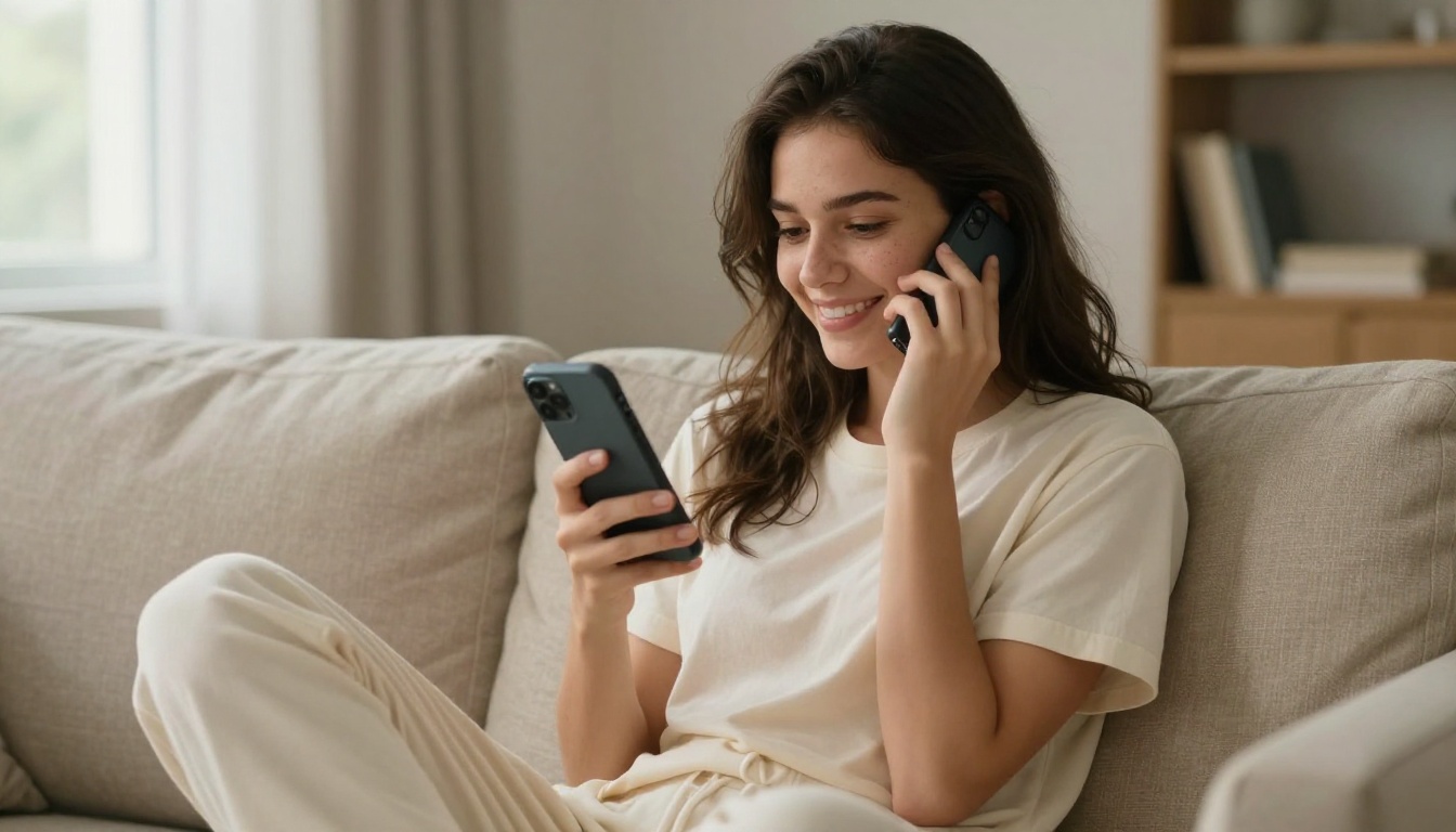 A young woman sitting cross-legged on a couch with a smartphone, natural window light on her face