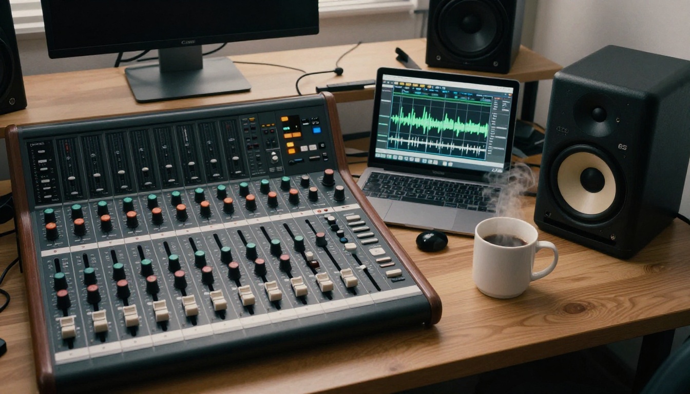 An overhead shot of a professional sound engineer's desk with mixing console, studio monitor, and tablet