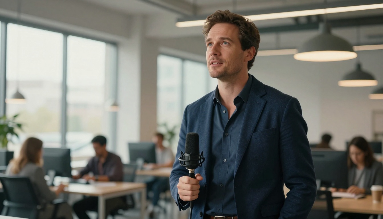 A confident man in a navy blazer speaking into a podcast microphone in a modern office, low-angle shot