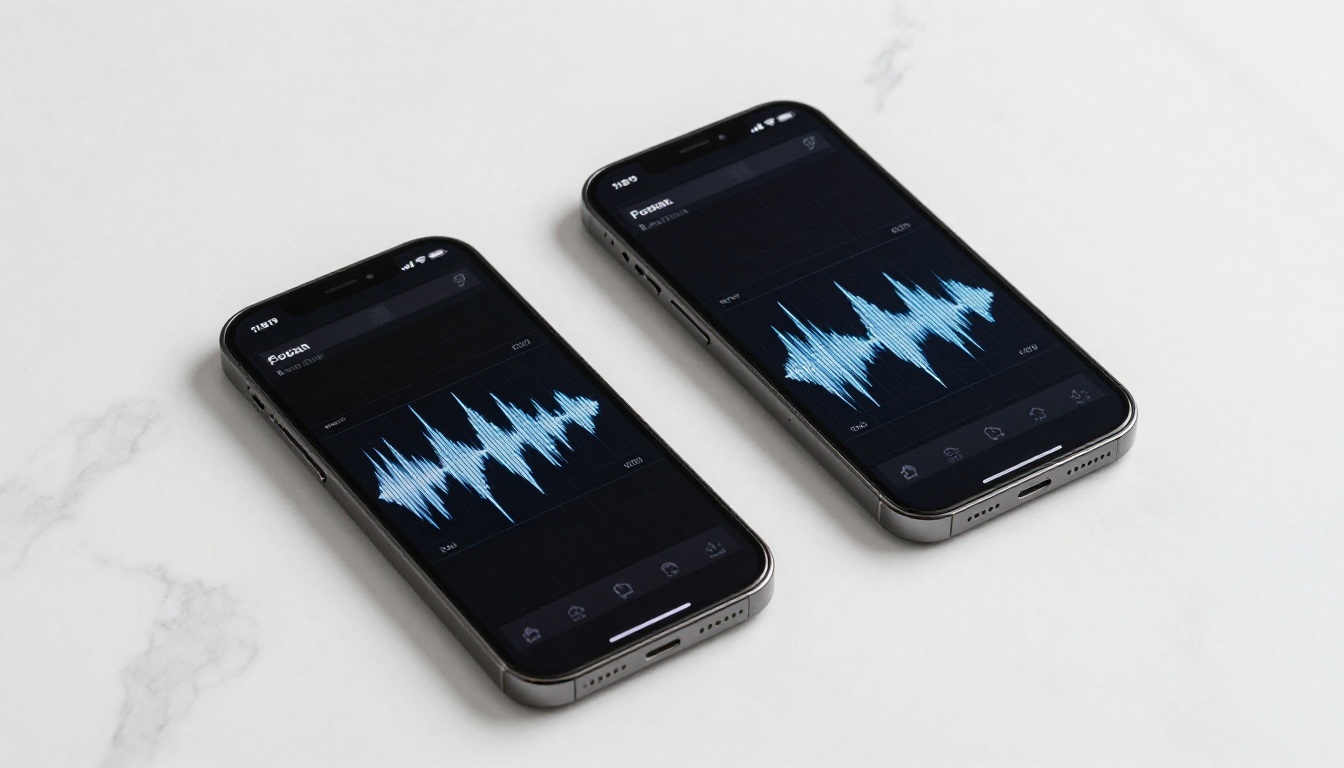 Two smartphones placed side by side on white marble, screens showing audio waveform interfaces