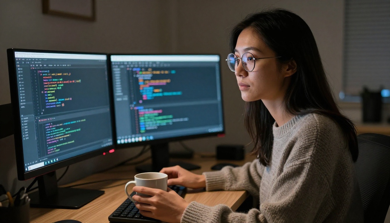 A focused developer at a dual-monitor workstation at night, monitors showing colorful code editors