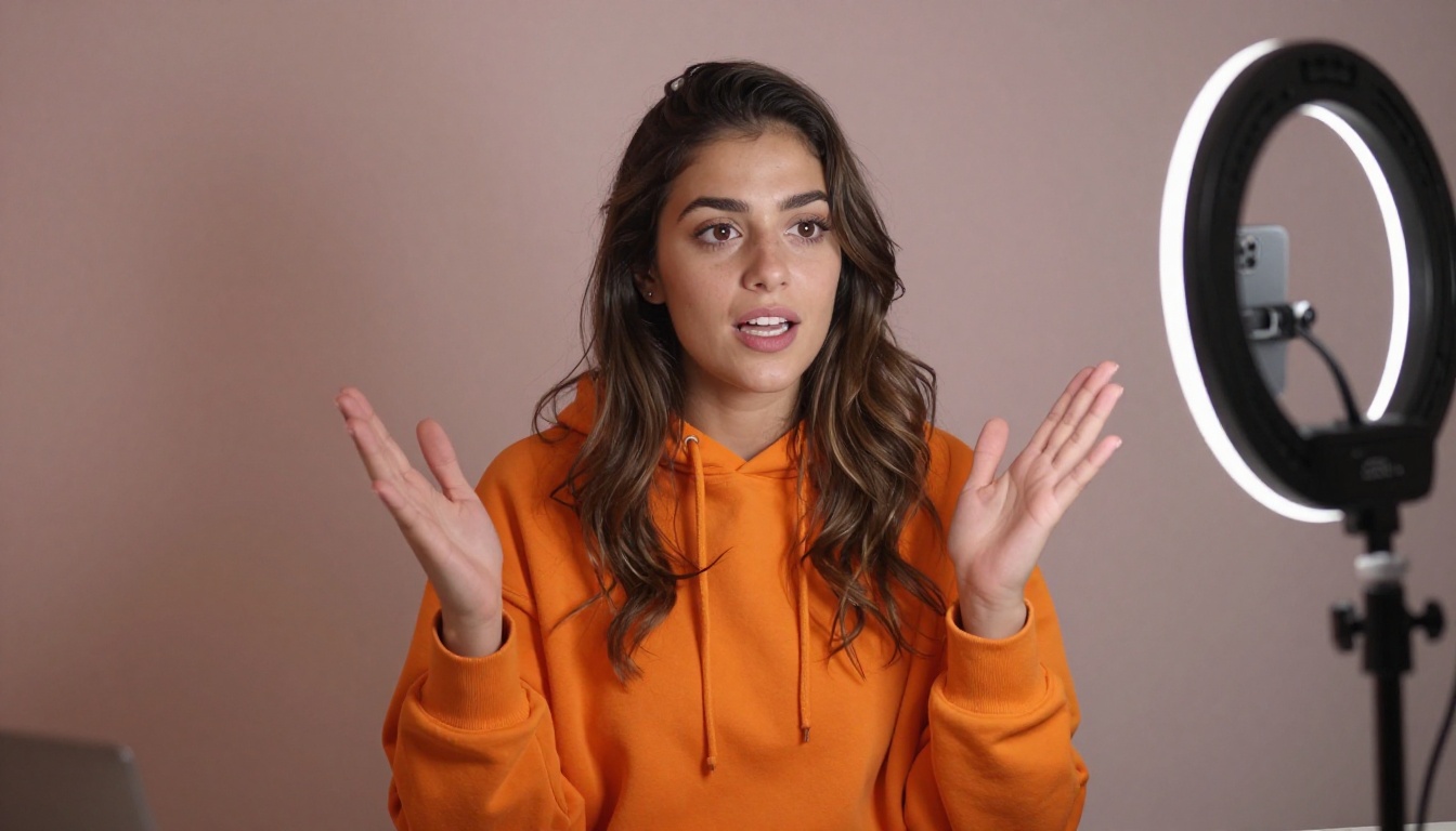 A YouTube content creator gesturing expressively in front of a ring light, wearing an orange hoodie