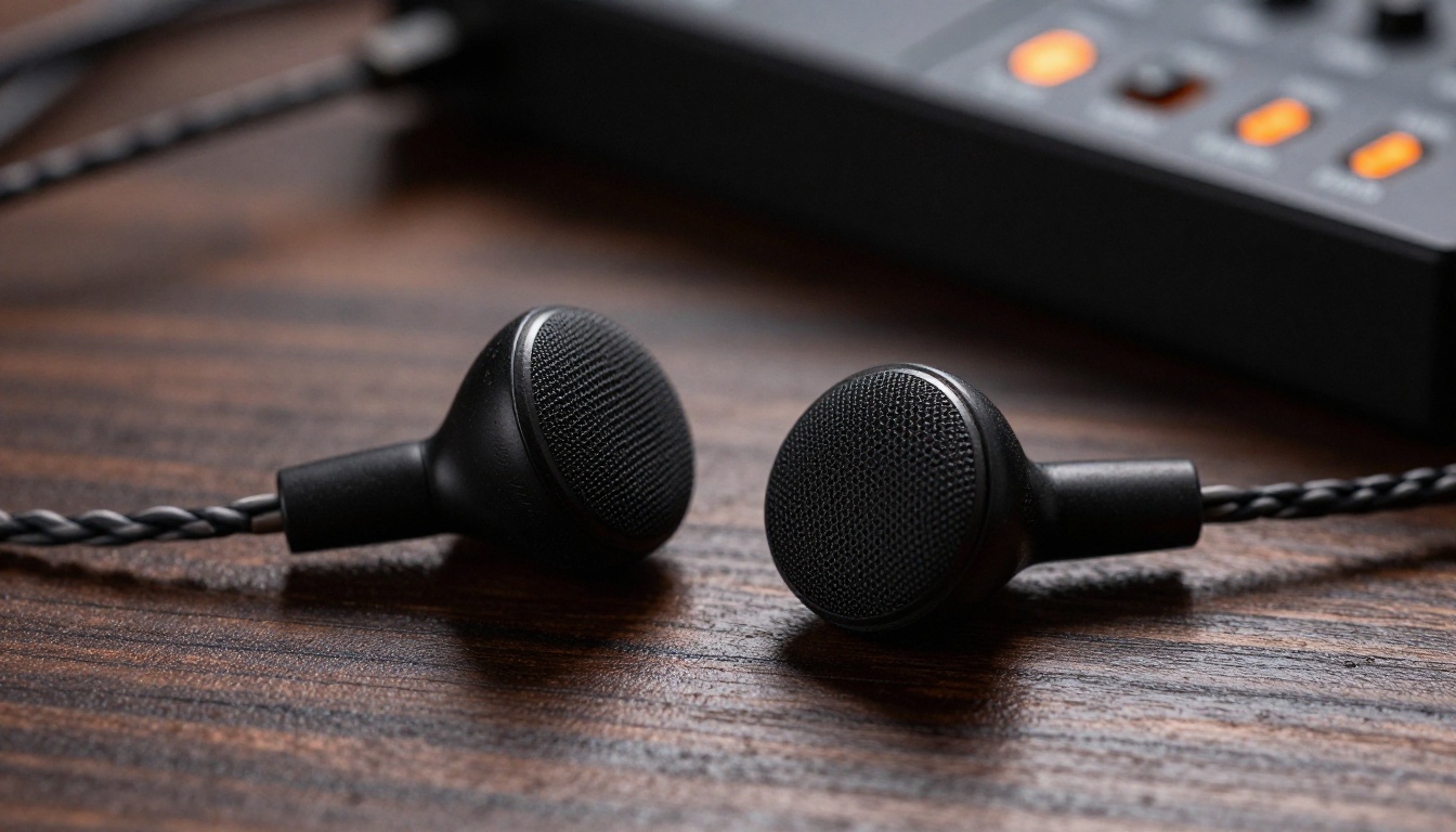 A close-up of professional in-ear monitor earphones on a dark walnut surface with an audio interface in background