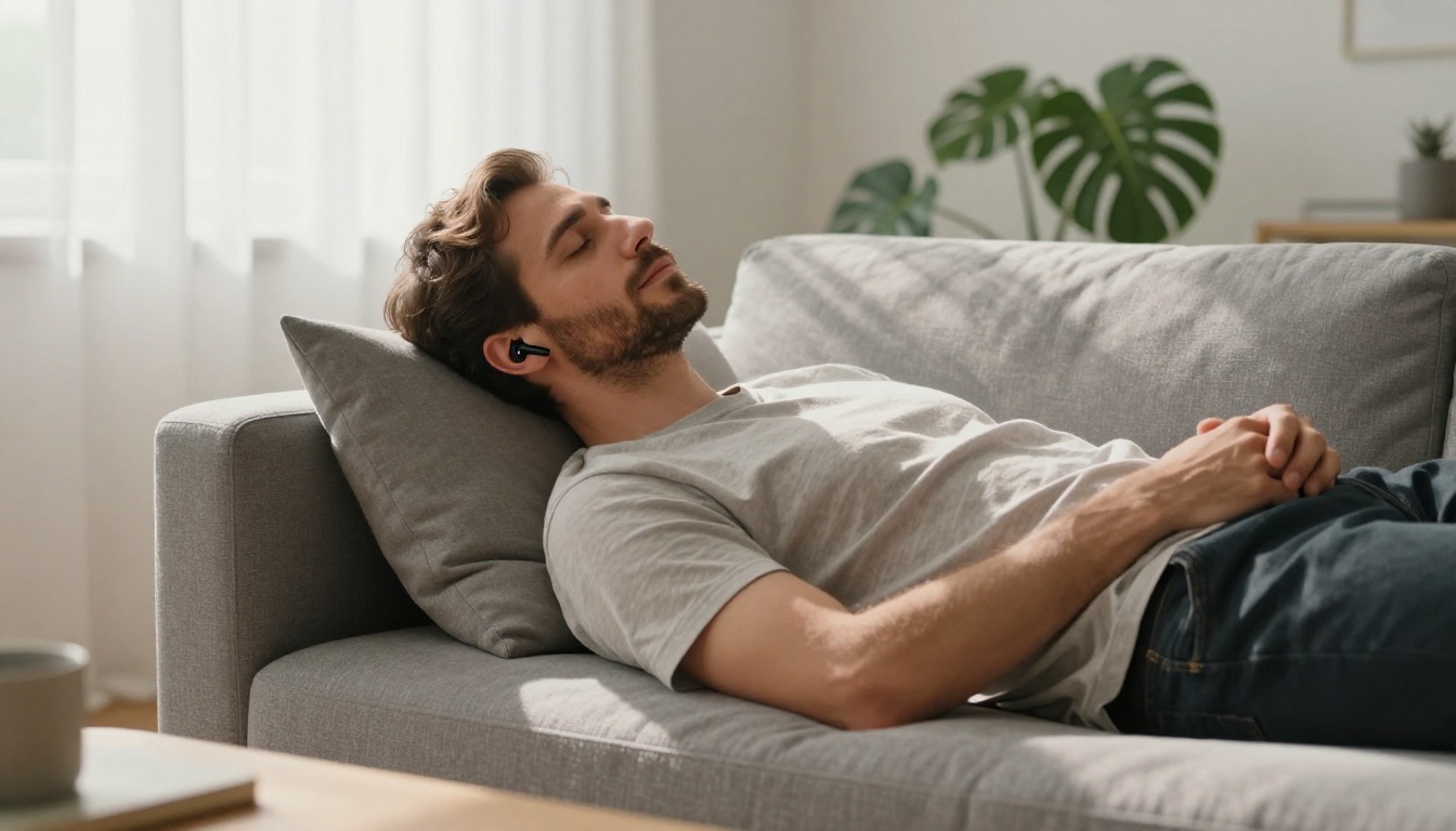 A man relaxing on a gray sofa with wireless earbuds, eyes closed, afternoon light through sheer curtains