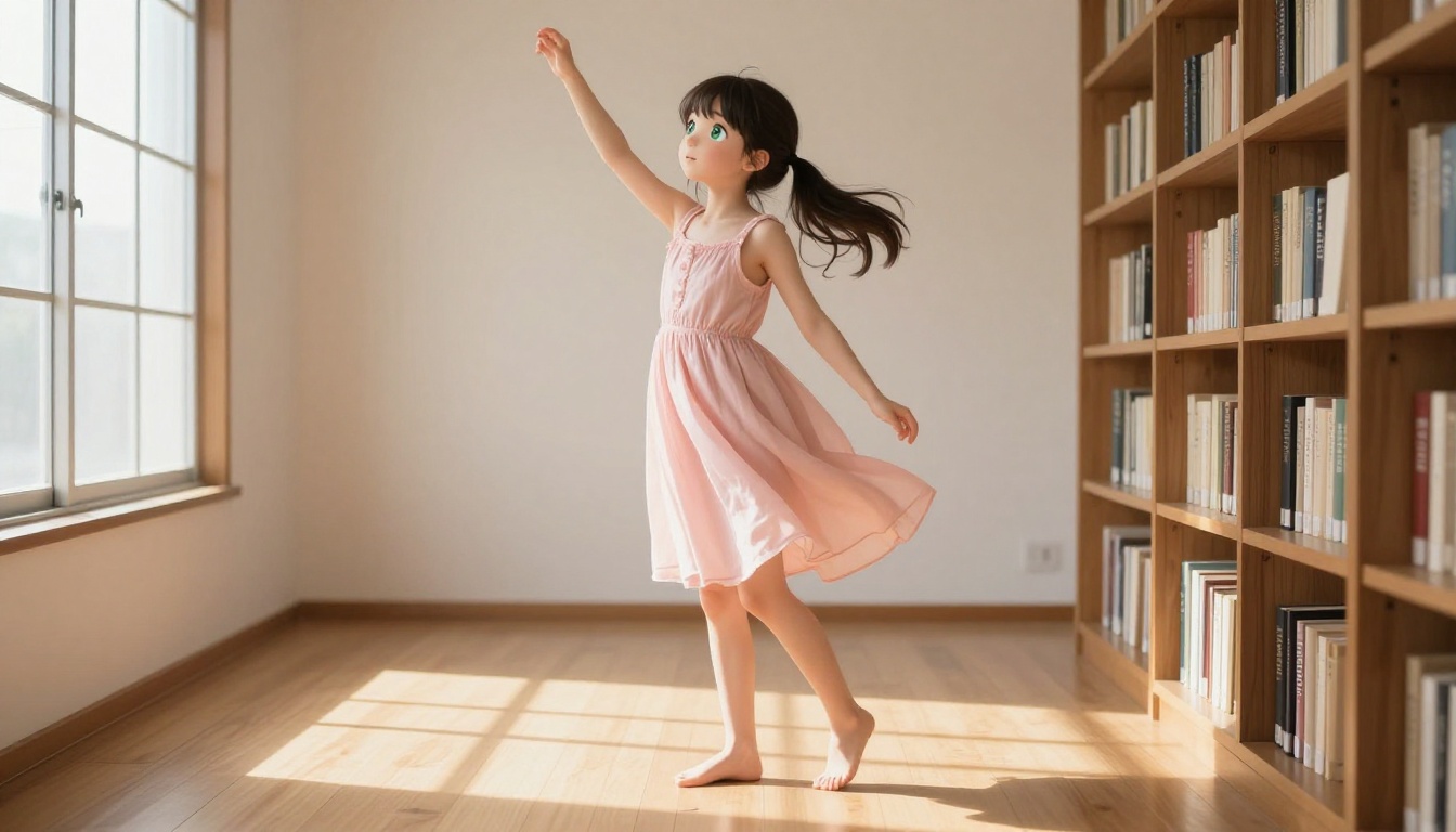 Petite anime-inspired young woman in a pastel sundress reaching upward in a sunlit Japanese apartment, natural window light