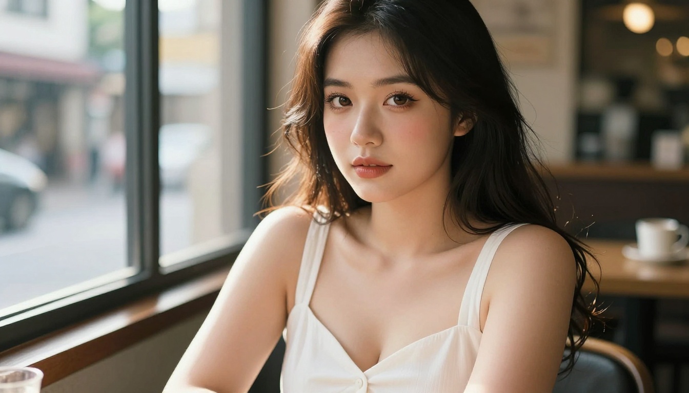 Curvy anime-inspired woman in a fitted white dress at a Japanese cafe window seat, warm afternoon backlight on dark hair