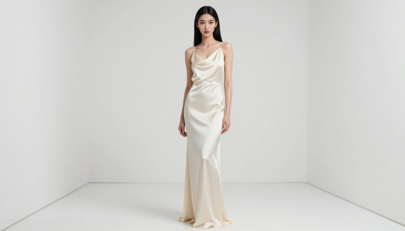 Tall statuesque anime-inspired woman in flowing ivory silk dress in a minimalist white gallery, soft overhead studio light