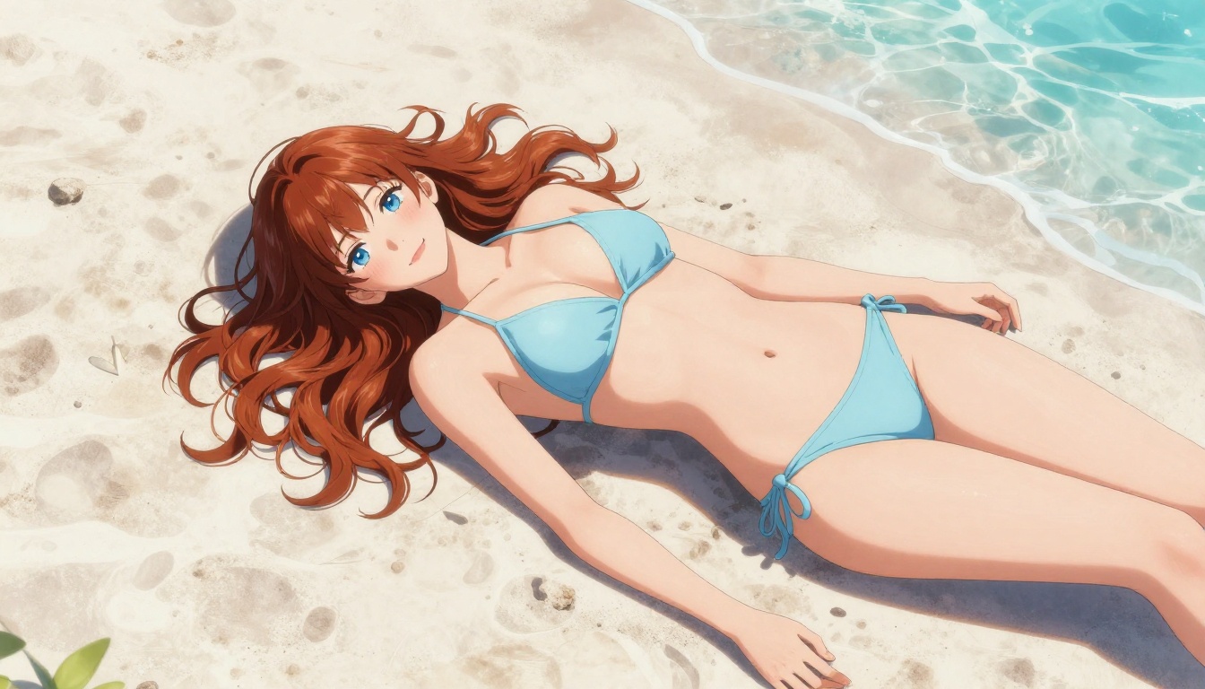 Slender anime-inspired woman in a pale blue bikini lying on white sand beach, aerial overhead view, turquoise water at frame edge