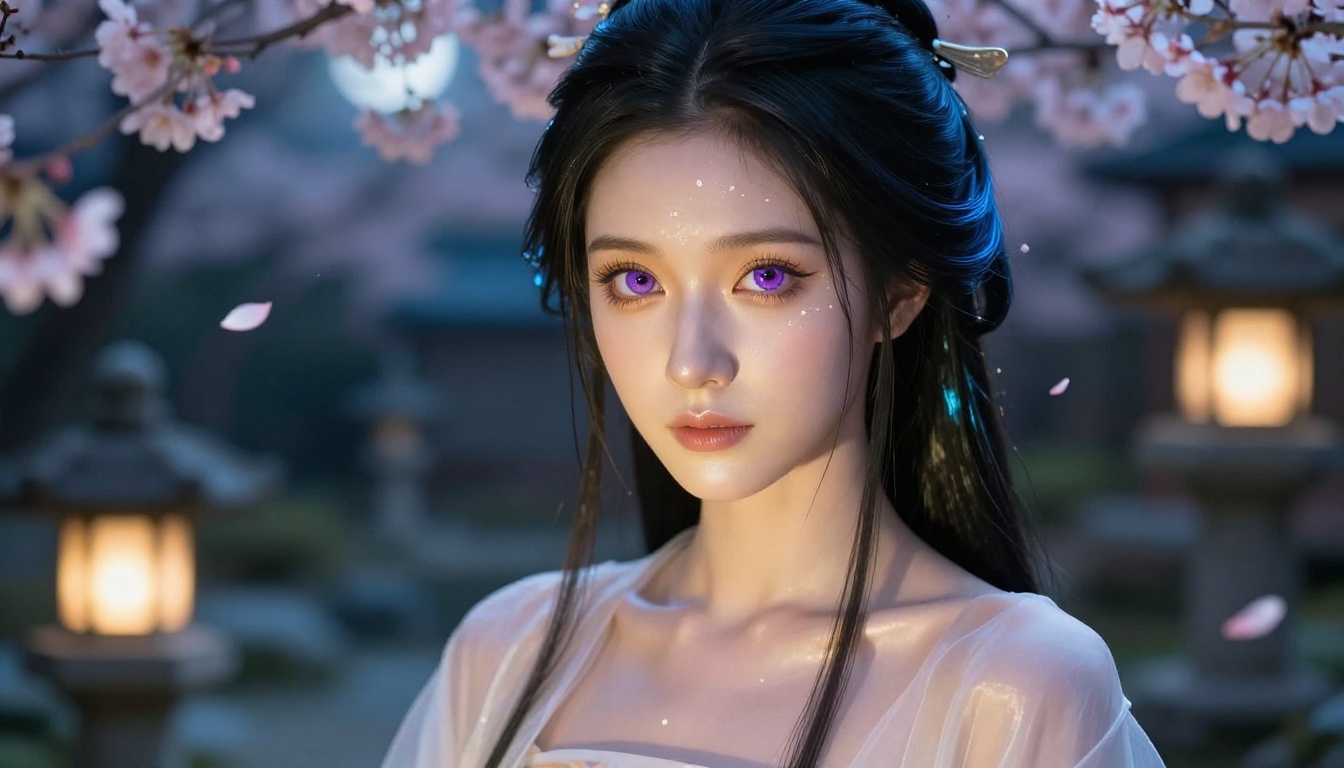 Exotic fantasy anime-inspired woman with heterochromatic violet and amber eyes in a moonlit Japanese garden, dual amber lantern and blue moonlight