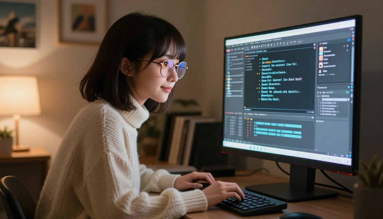 Anime-inspired woman with glasses typing prompts into an AI image generation interface at a warm amber-lit studio desk