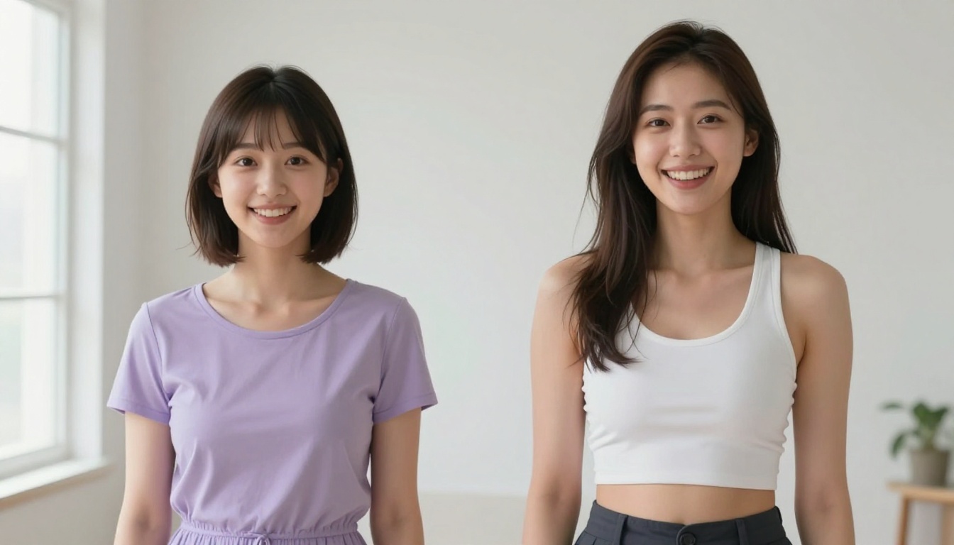 Two anime-inspired women of different body types standing together in a bright airy studio, soft natural daylight