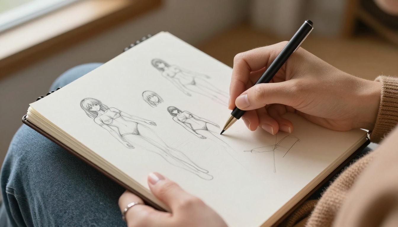 Elegant hands holding a sketchbook with anime character body proportion sketches, caramel cashmere sweater, warm afternoon window light