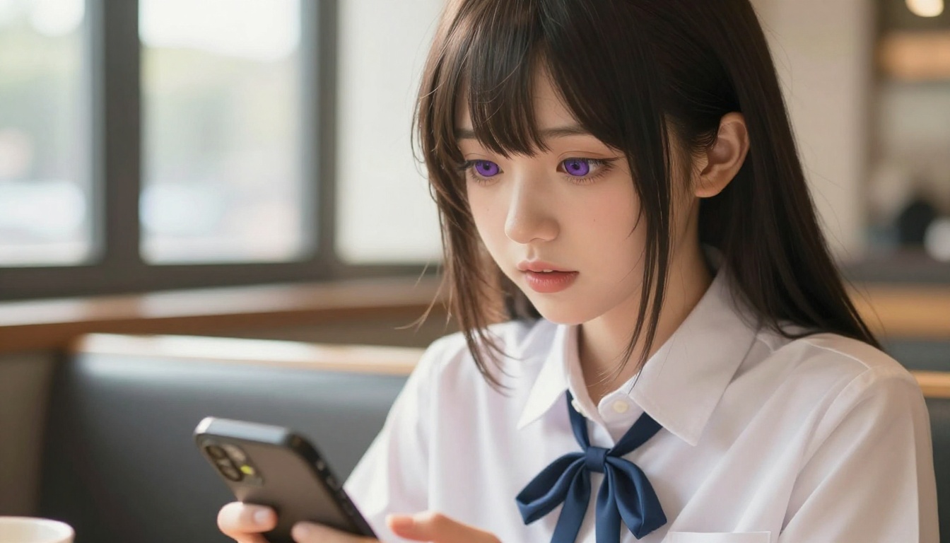 A young woman with violet anime-style eyes sitting in a warmly lit café, glowing smartphone with chat app in her delicate hands A young woman with violet anime-style eyes sitting in a warmly lit café, glowing smartphone with chat app in her delicate hands
