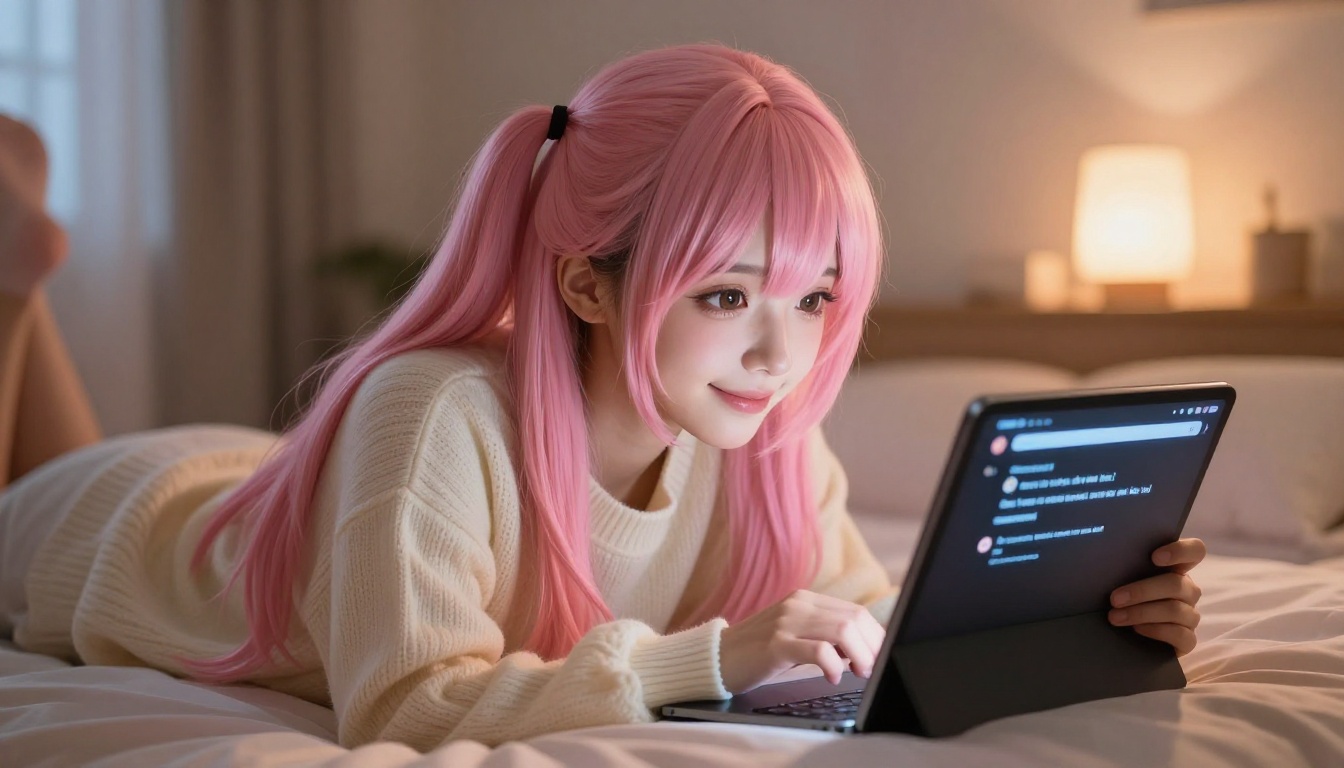 An anime-featured girl with pink twin tails on a pastel bed, looking at a glowing tablet chat interface in the warm evening light An anime-featured girl with pink twin tails on a pastel bed, looking at a glowing tablet chat interface in the warm evening light