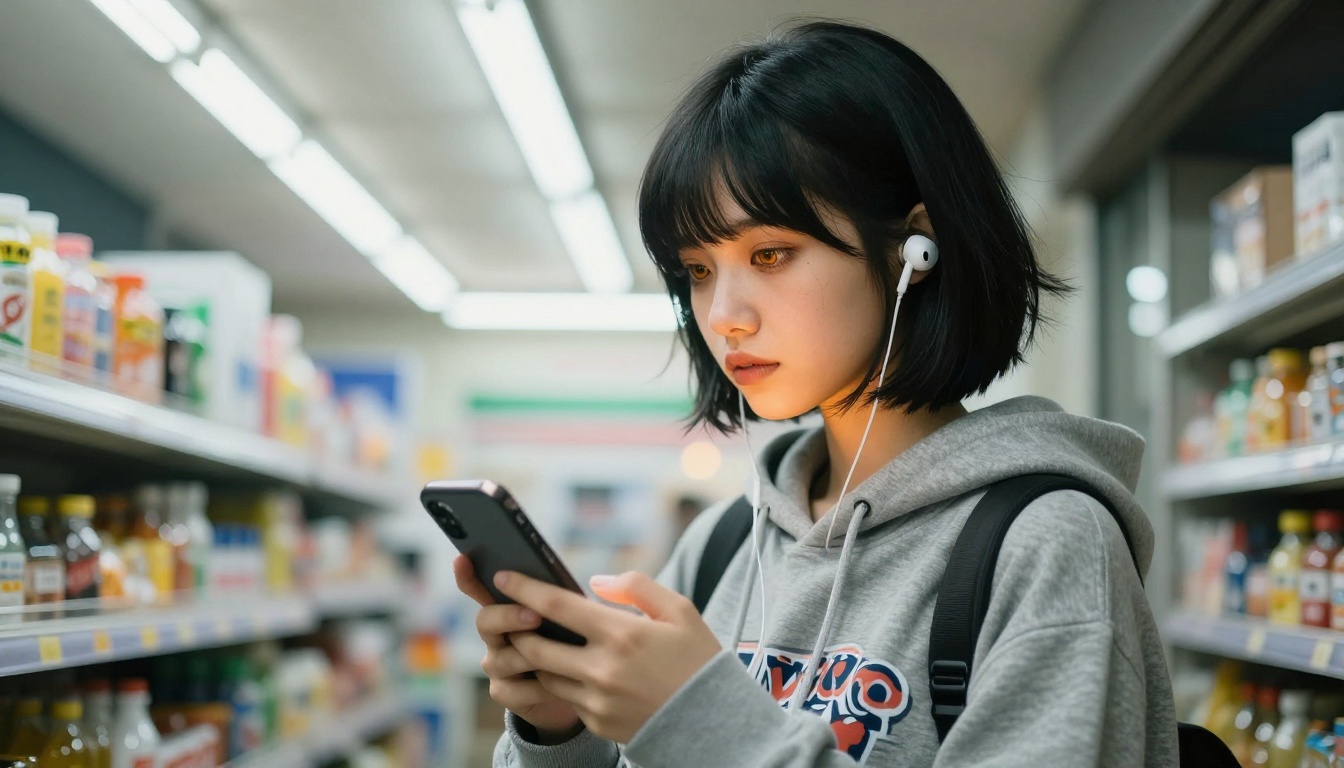 A young woman with an anime bob cut in a graphic hoodie listening to an AI voice companion outdoors at night near a Japanese convenience store A young woman with an anime bob cut in a graphic hoodie listening to an AI voice companion outdoors at night near a Japanese convenience store