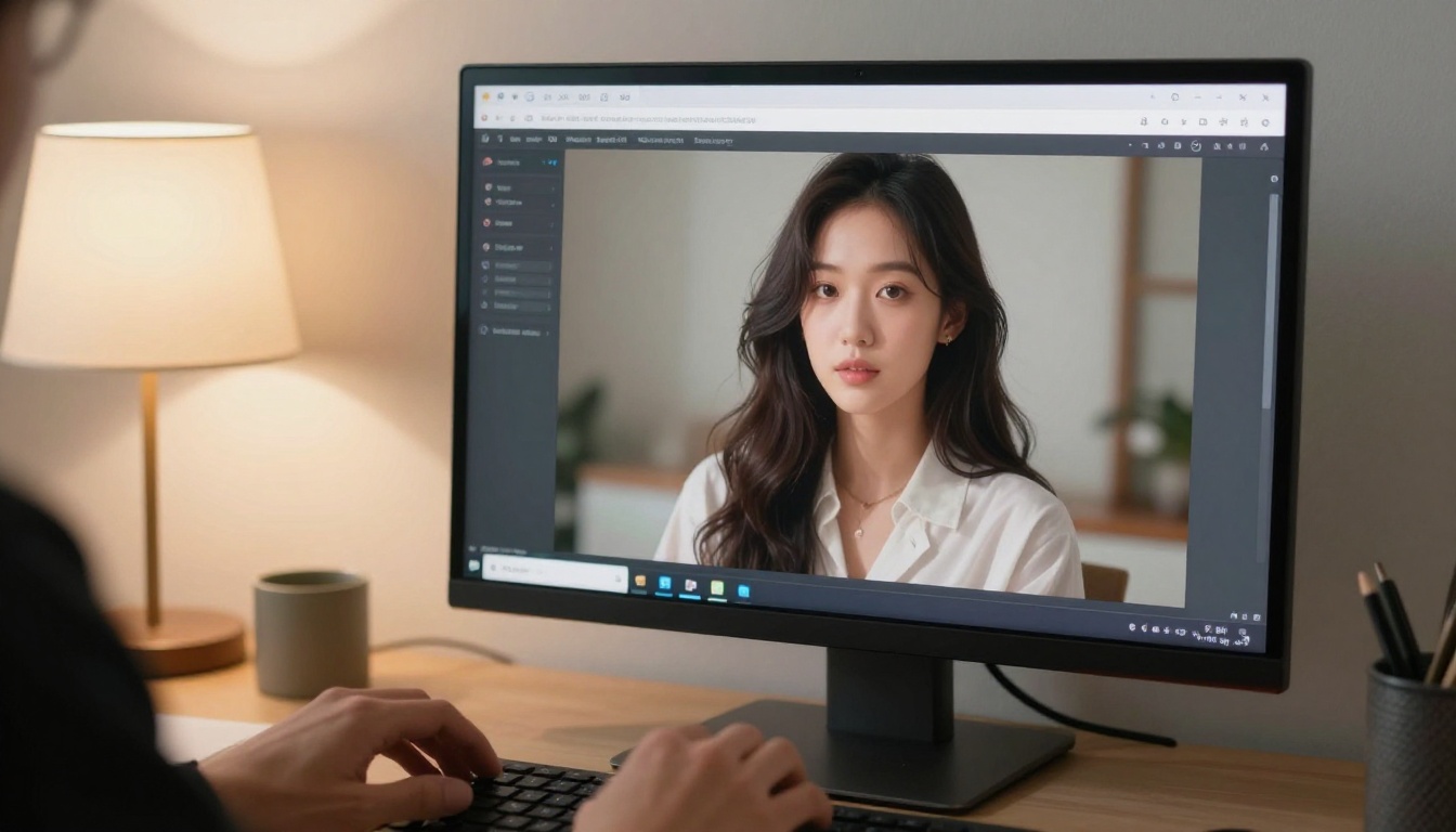 A computer screen showing an AI chat interface with an anime avatar portrait, a person's hands visible on the keyboard in a warm home office A computer screen showing an AI chat interface with an anime avatar portrait, a person's hands visible on the keyboard in a warm home office