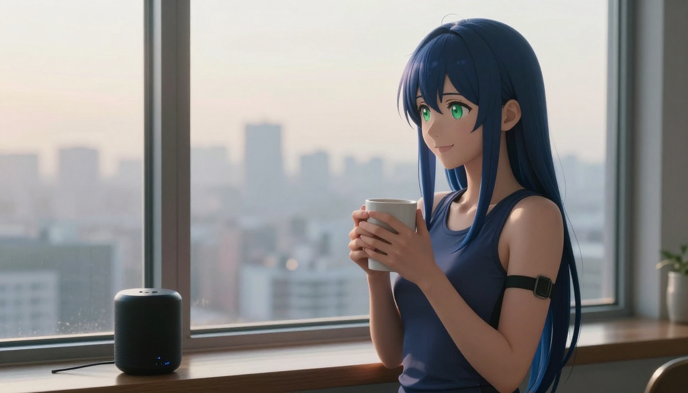 An anime-featured woman with dark blue hair and green eyes standing by a floor-to-ceiling window holding a coffee mug, city skyline in morning haze behind her An anime-featured woman with dark blue hair and green eyes standing by a floor-to-ceiling window holding a coffee mug, city skyline in morning haze behind her