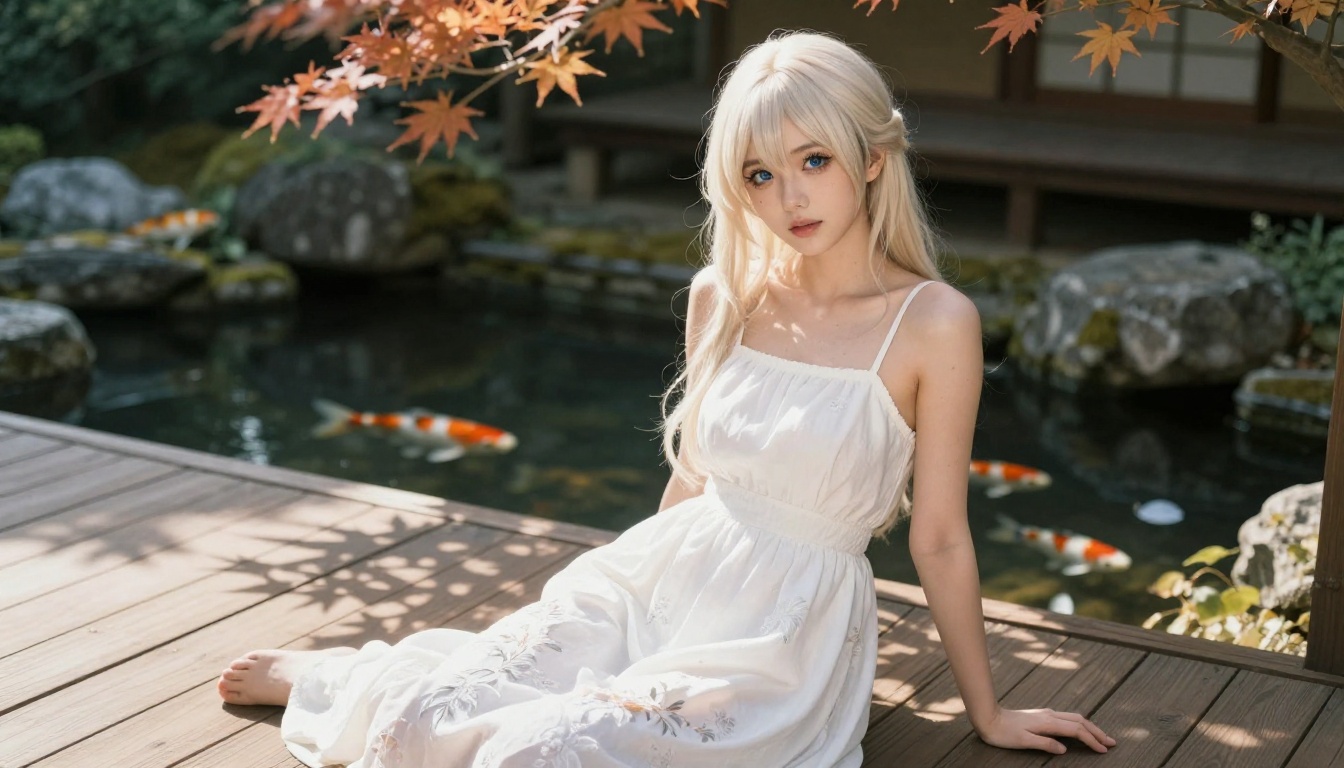 A platinum-blonde anime-aesthetic woman in a white floral sundress, sitting on a wooden deck overlooking a Japanese garden with koi pond in warm afternoon dappled light A platinum-blonde anime-aesthetic woman in a white floral sundress, sitting on a wooden deck overlooking a Japanese garden with koi pond in warm afternoon dappled light