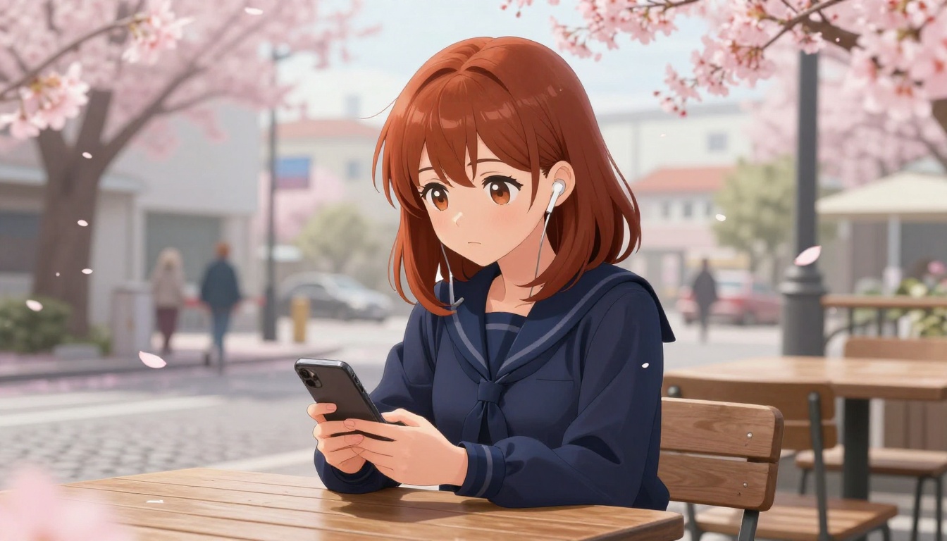 A young woman with chestnut anime-style eyes and auburn hair sitting at an outdoor café table, wireless earphones in, cherry blossom petals drifting, aerial view A young woman with chestnut anime-style eyes and auburn hair sitting at an outdoor café table, wireless earphones in, cherry blossom petals drifting, aerial view