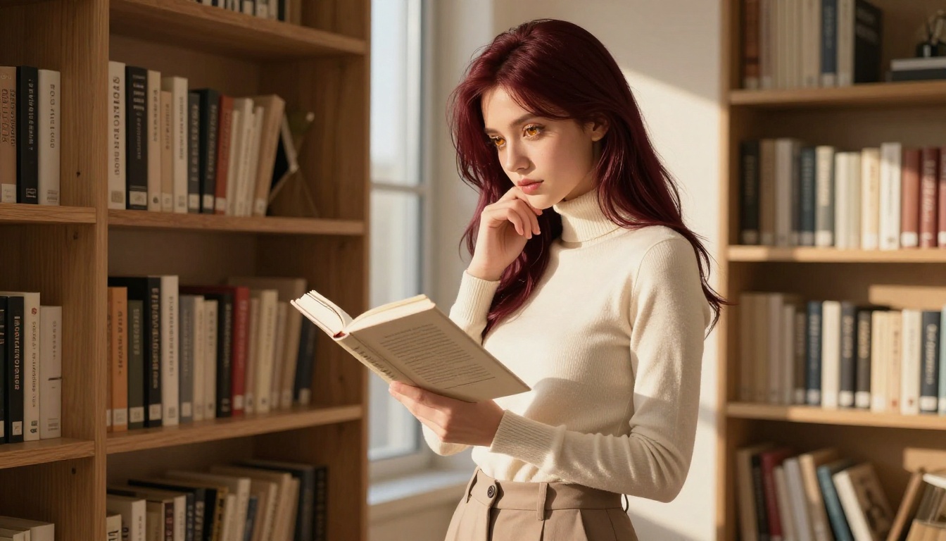 A young woman with long burgundy anime-style hair in a cream turtleneck, standing thoughtfully in front of a well-lit bookshelf holding an open book, warm side lighting A young woman with long burgundy anime-style hair in a cream turtleneck, standing thoughtfully in front of a well-lit bookshelf holding an open book, warm side lighting