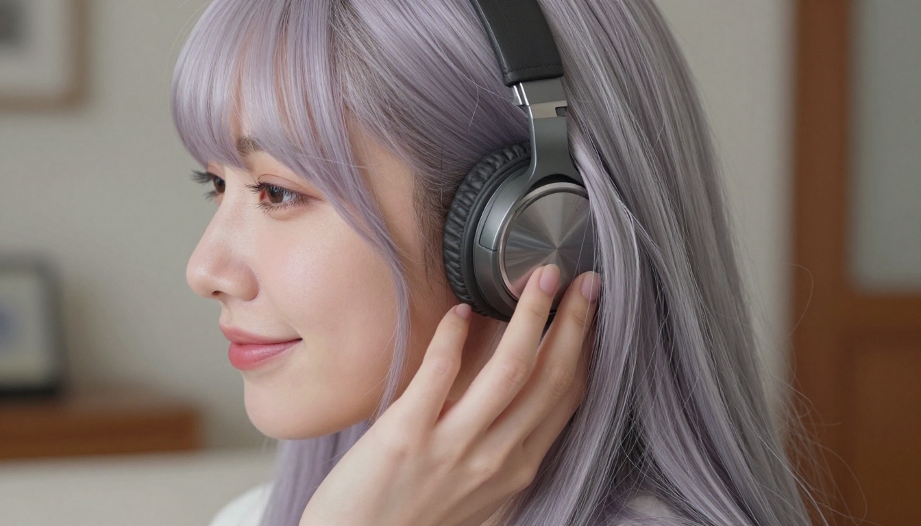 Close-up side profile of a young woman with silver-lavender anime-influenced hair pressing premium headphones to her ear, calm smile, warm indoor lighting from the right Close-up side profile of a young woman with silver-lavender anime-influenced hair pressing premium headphones to her ear, calm smile, warm indoor lighting from the right
