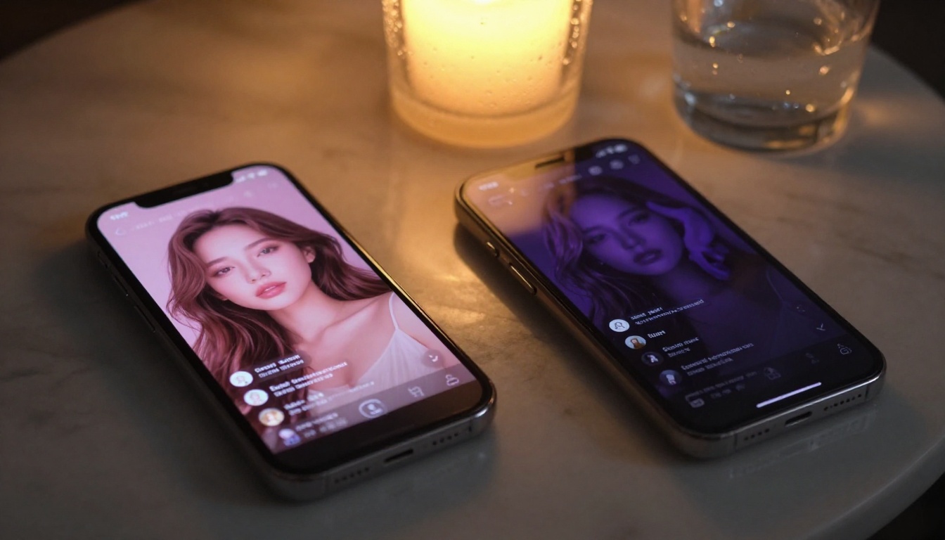 Two AI companion apps on smartphones side by side on marble surface with candlelight