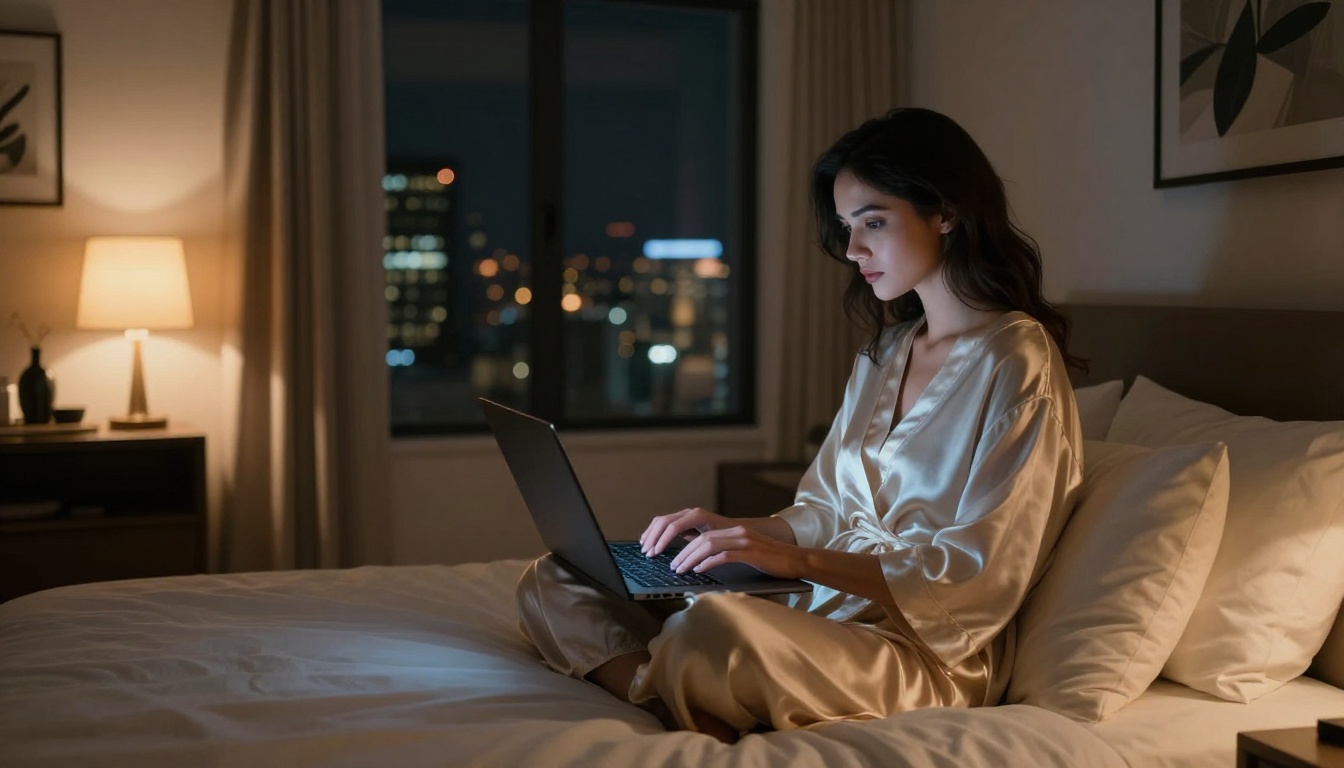 Elegant woman typing on laptop in luxury apartment at night