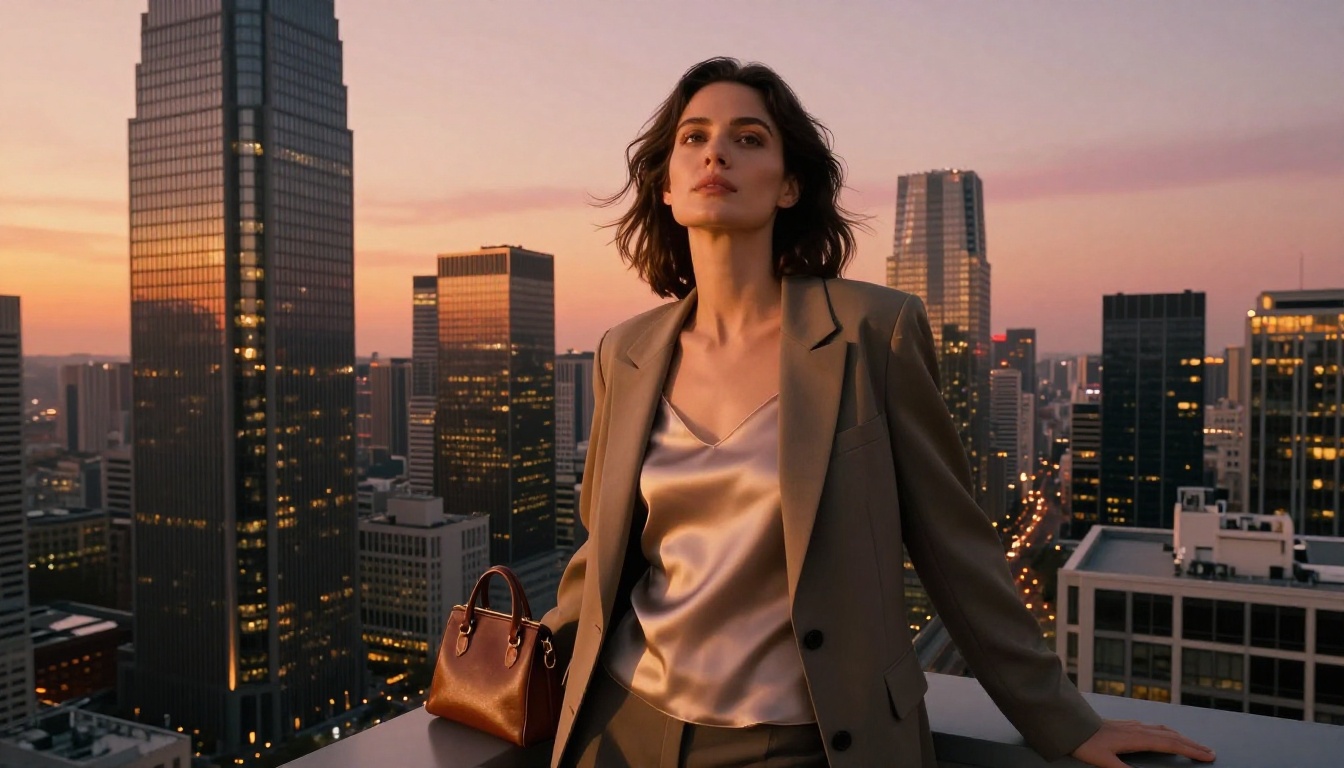 Confident woman on city rooftop at golden hour against illuminated skyline