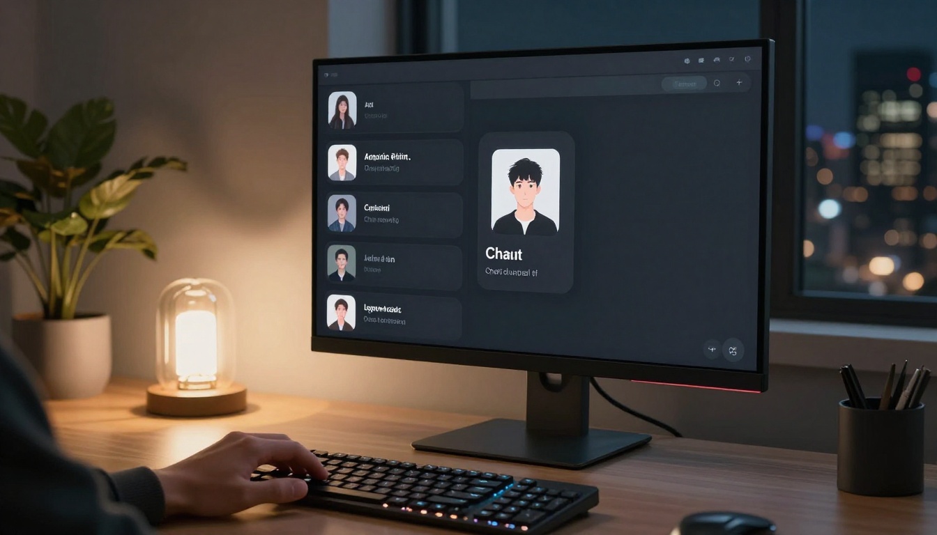 AI chat interface on monitor in sleek minimalist home office at night